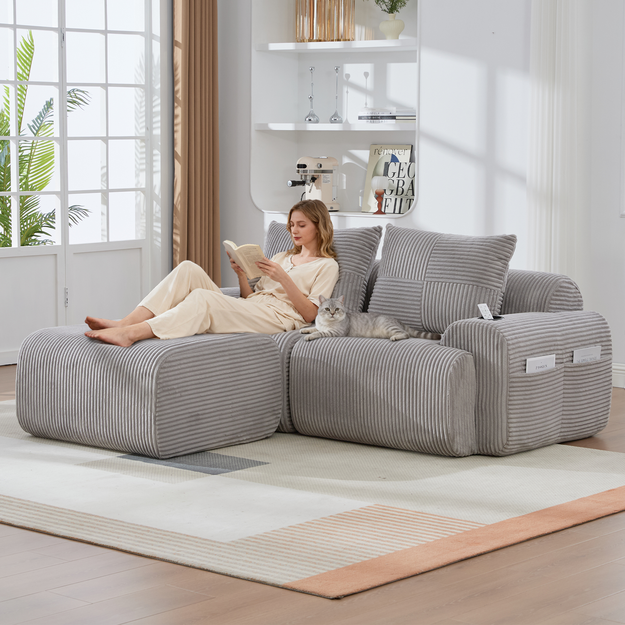 Modular 2-Seater Corduroy Sofa With Ottomans, Freely Configurable Sofa Set With Cup Holders And Side Storage Pockets, Ideal For Living Rooms, Family Rooms, And Other Spaces, Light Gray