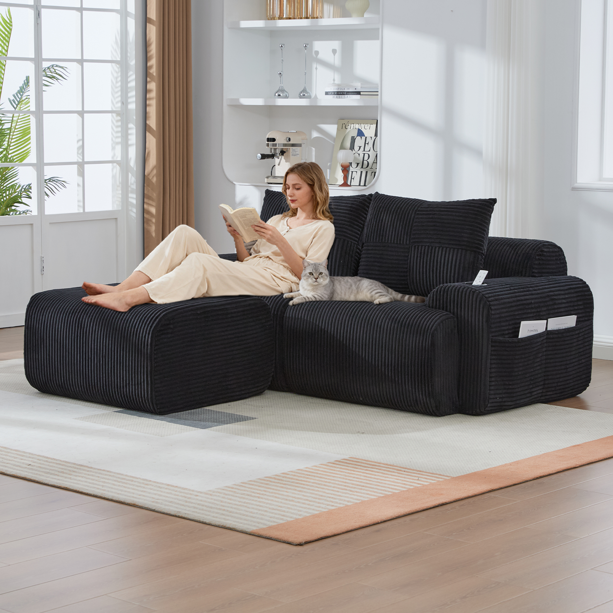 Modular 2-Seater Corduroy Sofa With Ottomans, Freely Configurable Sofa Set With Cup Holders And Side Storage Pockets, Ideal For Living Rooms, Family Rooms, And Other Spaces,Black