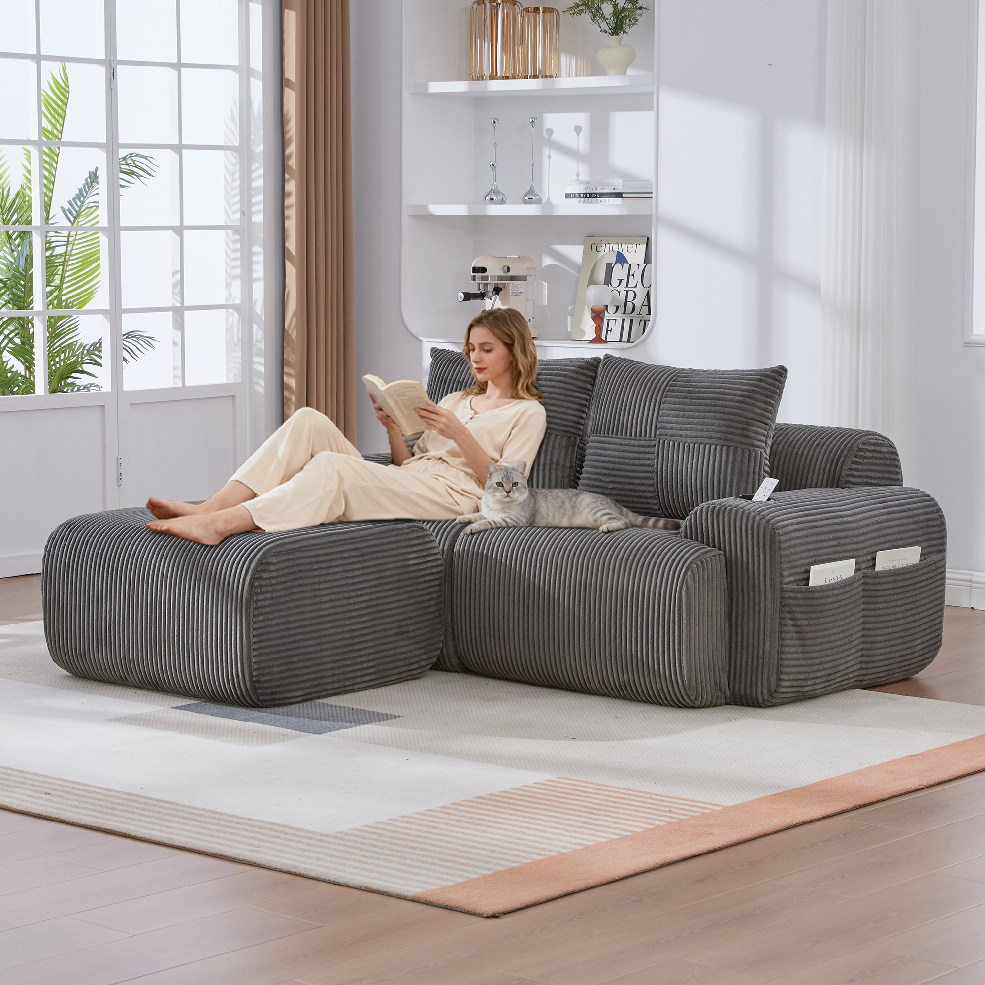 Modular 2-Seater Corduroy Sofa With Ottomans, Freely Configurable Sofa Set With Cup Holders And Side Storage Pockets, Ideal For Living Rooms, Family Rooms, And Other Spaces, Dark Gray