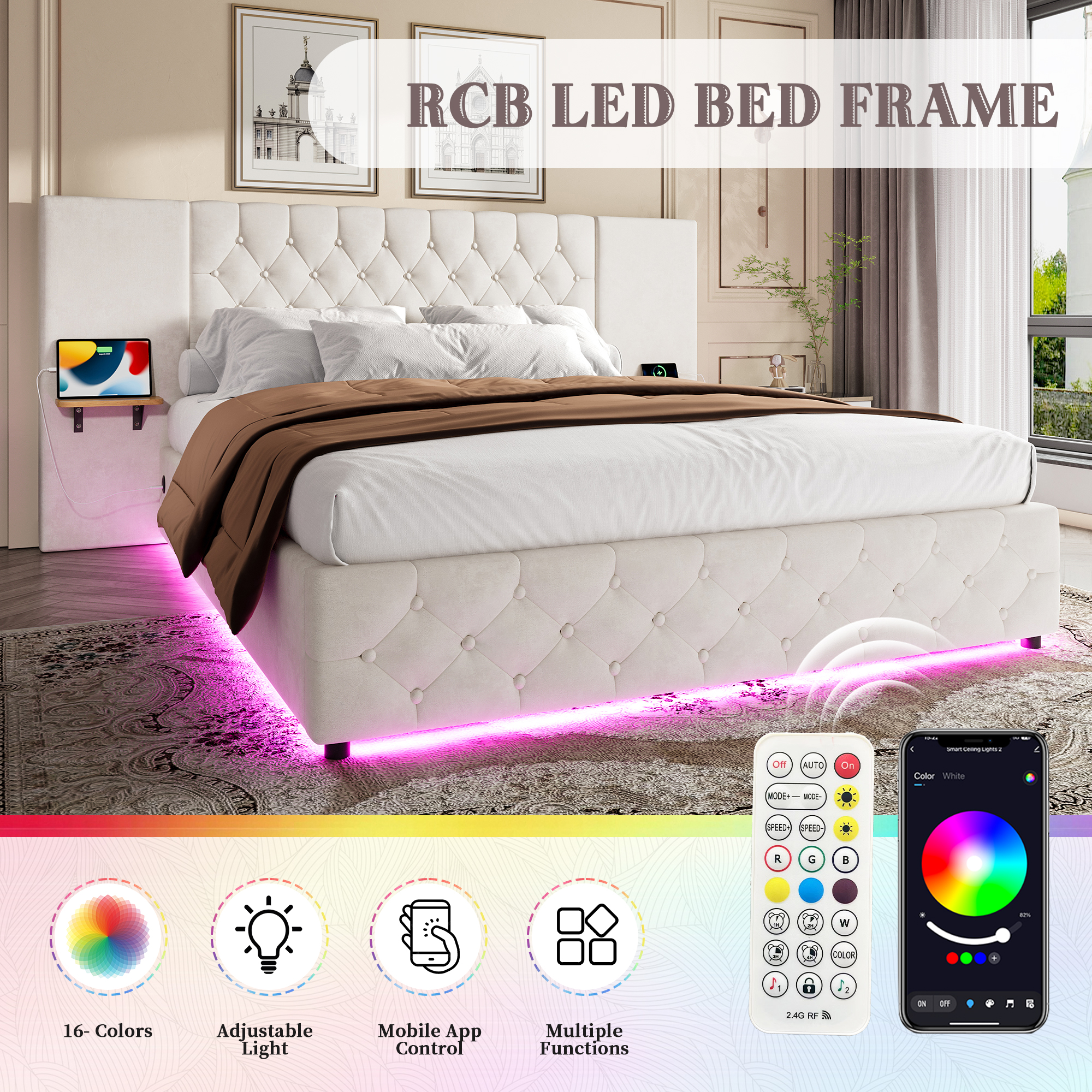 Modern 135x190 Bed Frame With Wide Headboard, LED Lighting, USB-C Ports — image 3