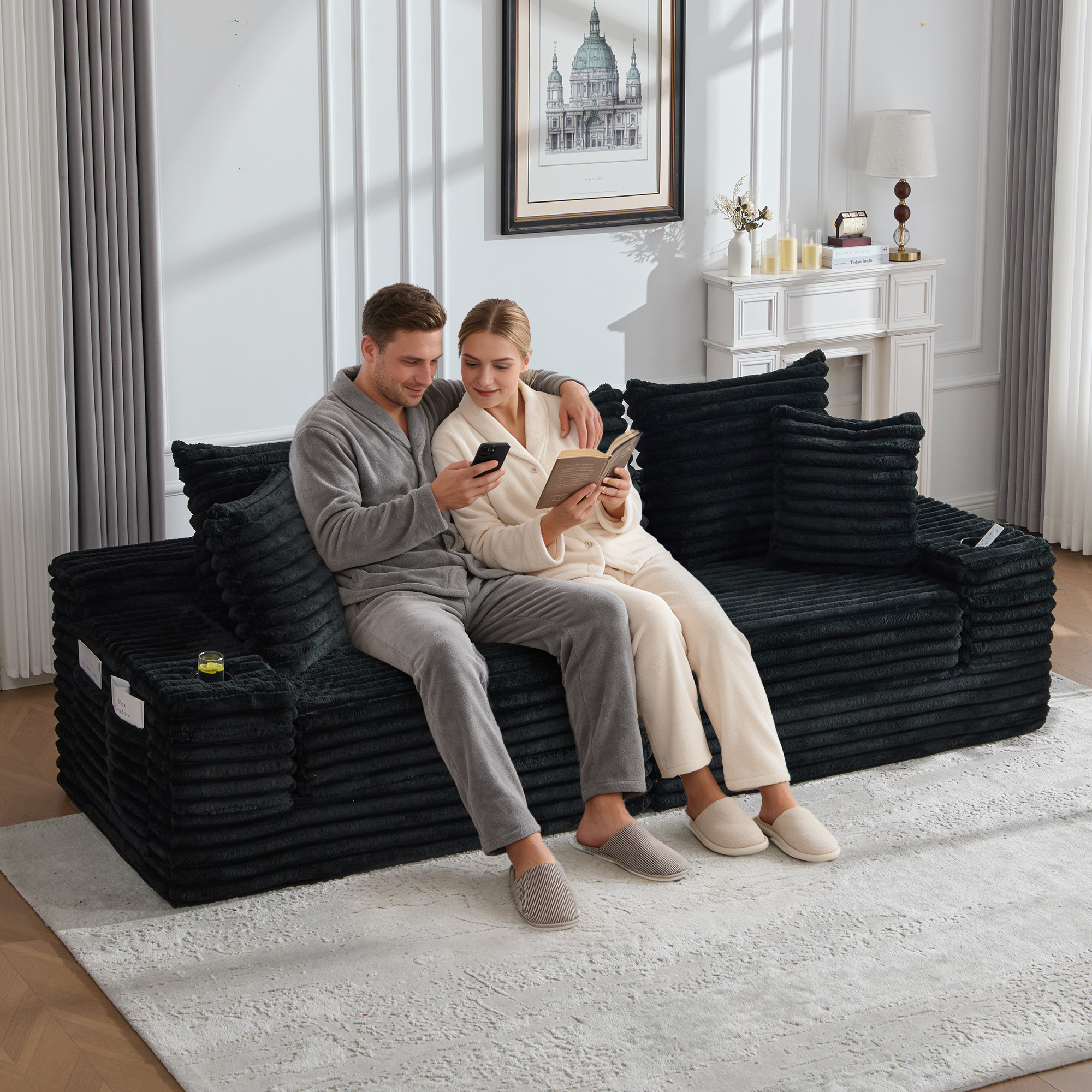 Corduroy Sofa With Compressed Seat Design, High Backrest & Extra Pillow, Side — image 4