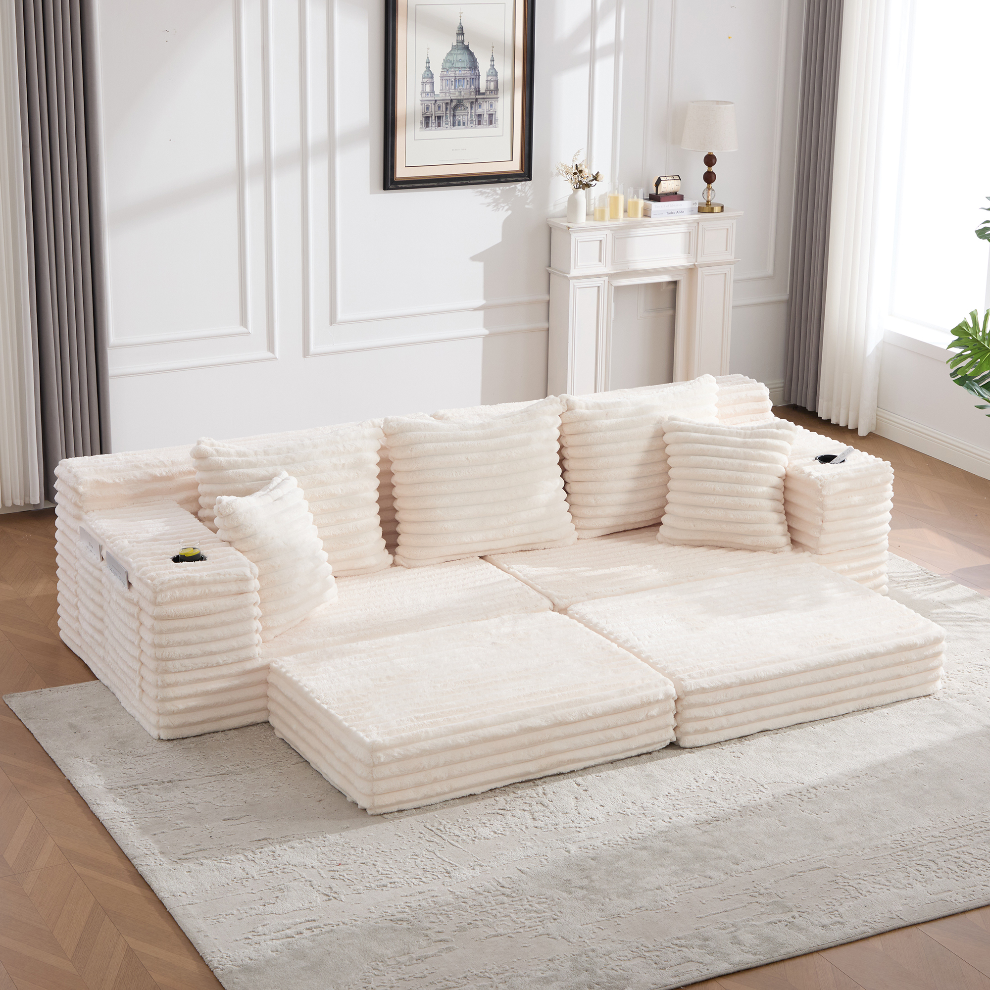 Corduroy Sofa With Compressed Seat Design, High Backrest & Extra Pillow, Side — image 2