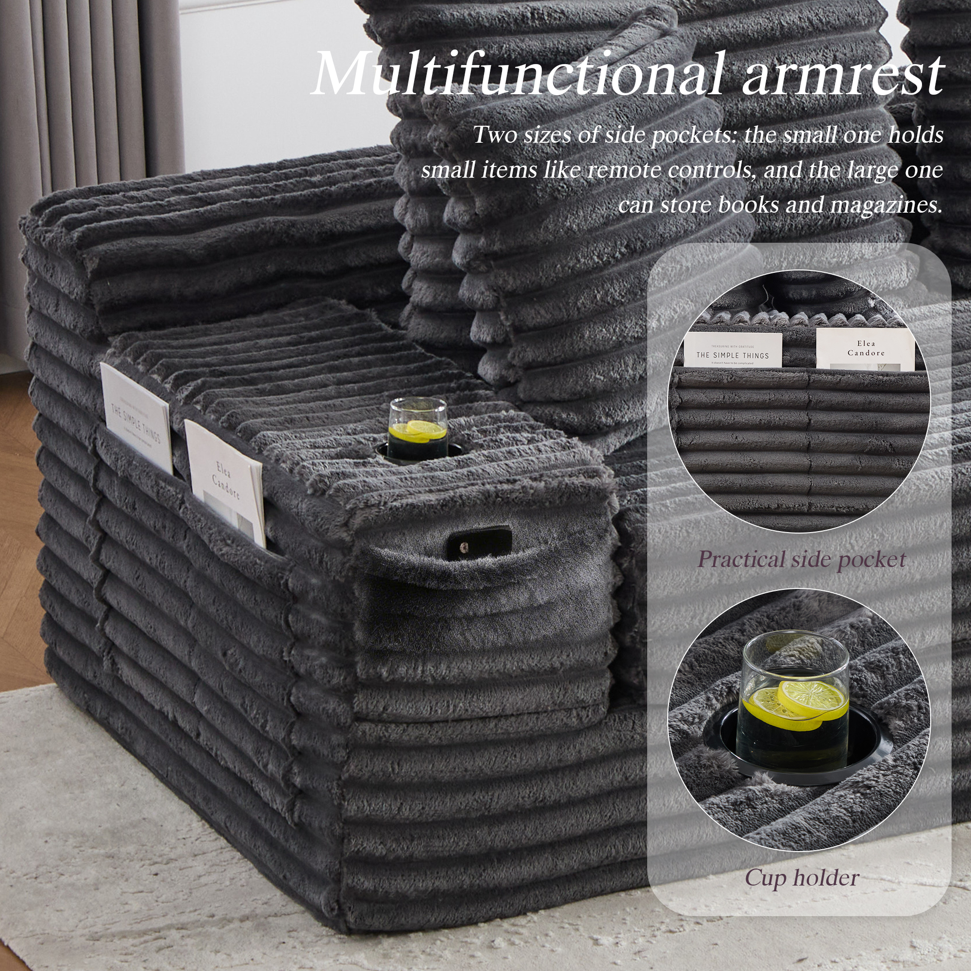 Corduroy Sofa With Compressed Seat Design, High Backrest & Pillow, Side Pockets — image 3