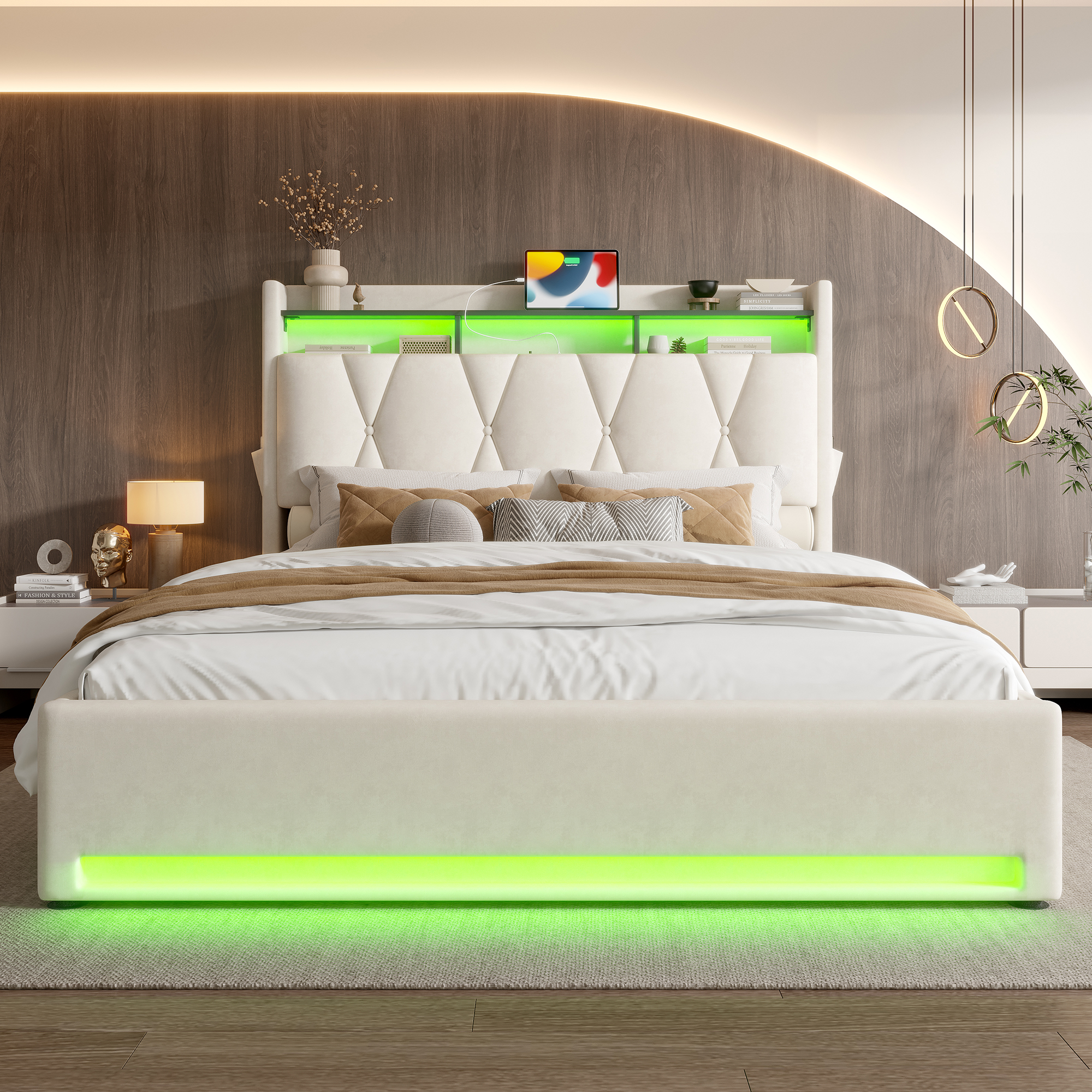 135x190cm Padded Bed Frame With LED Lighting, USB Type-C Charging Function — image 3