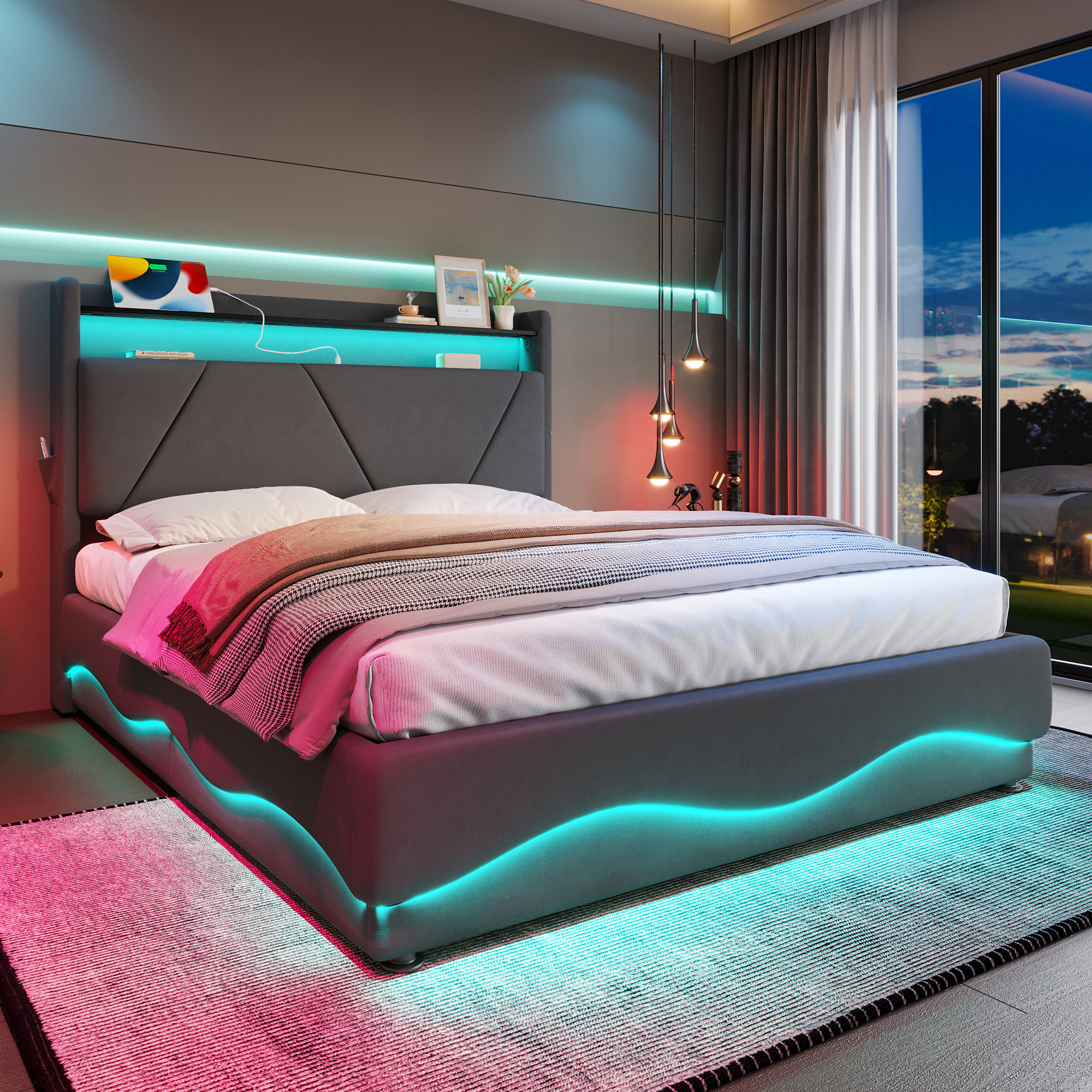Modern Upholstered Bed Headboard With LED Lighting And Shelving Surfaces — image 5