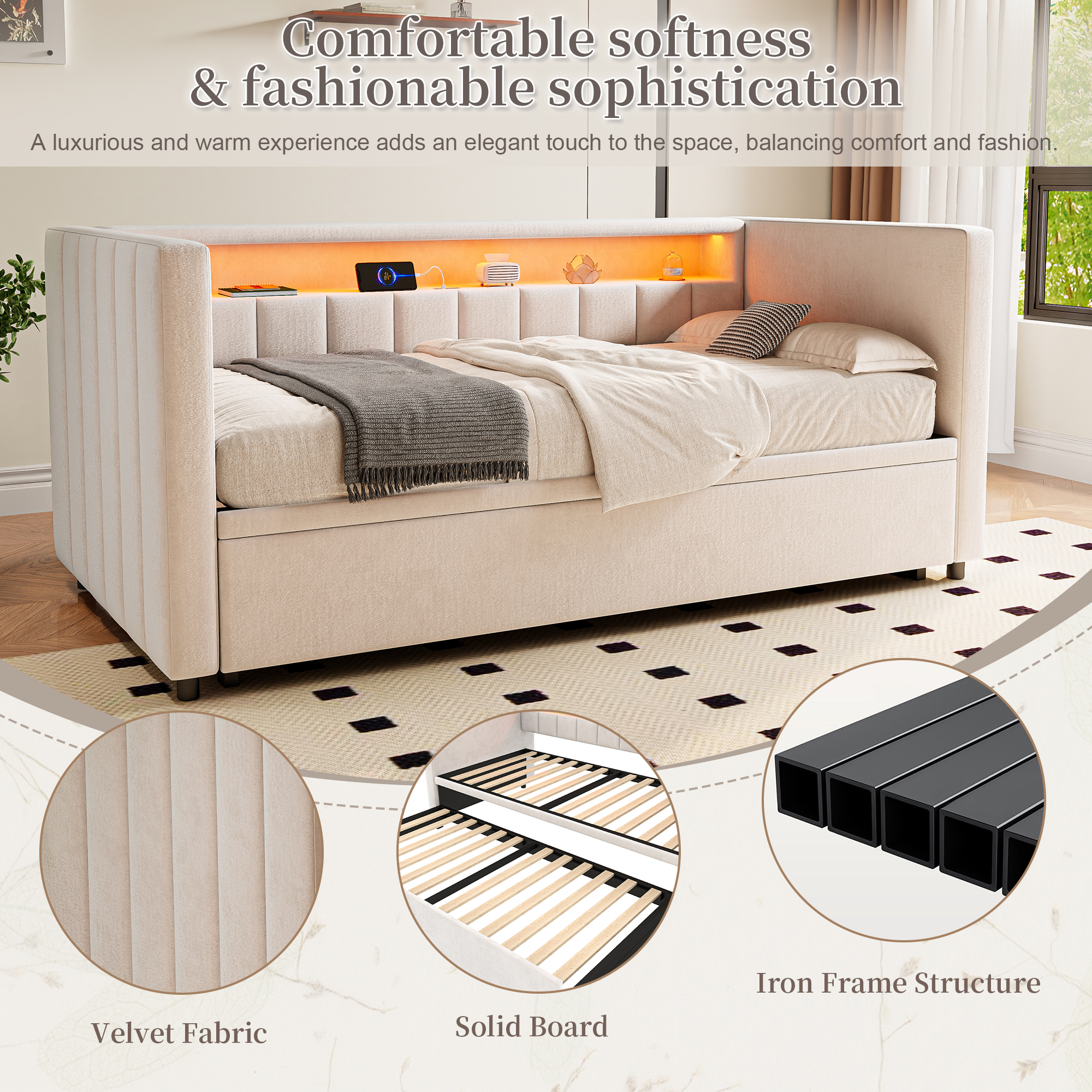 Sleeper Sofa 90x190 Cm With Pull-out Bed, USB-Type-C Port, Ambient LED — image 2