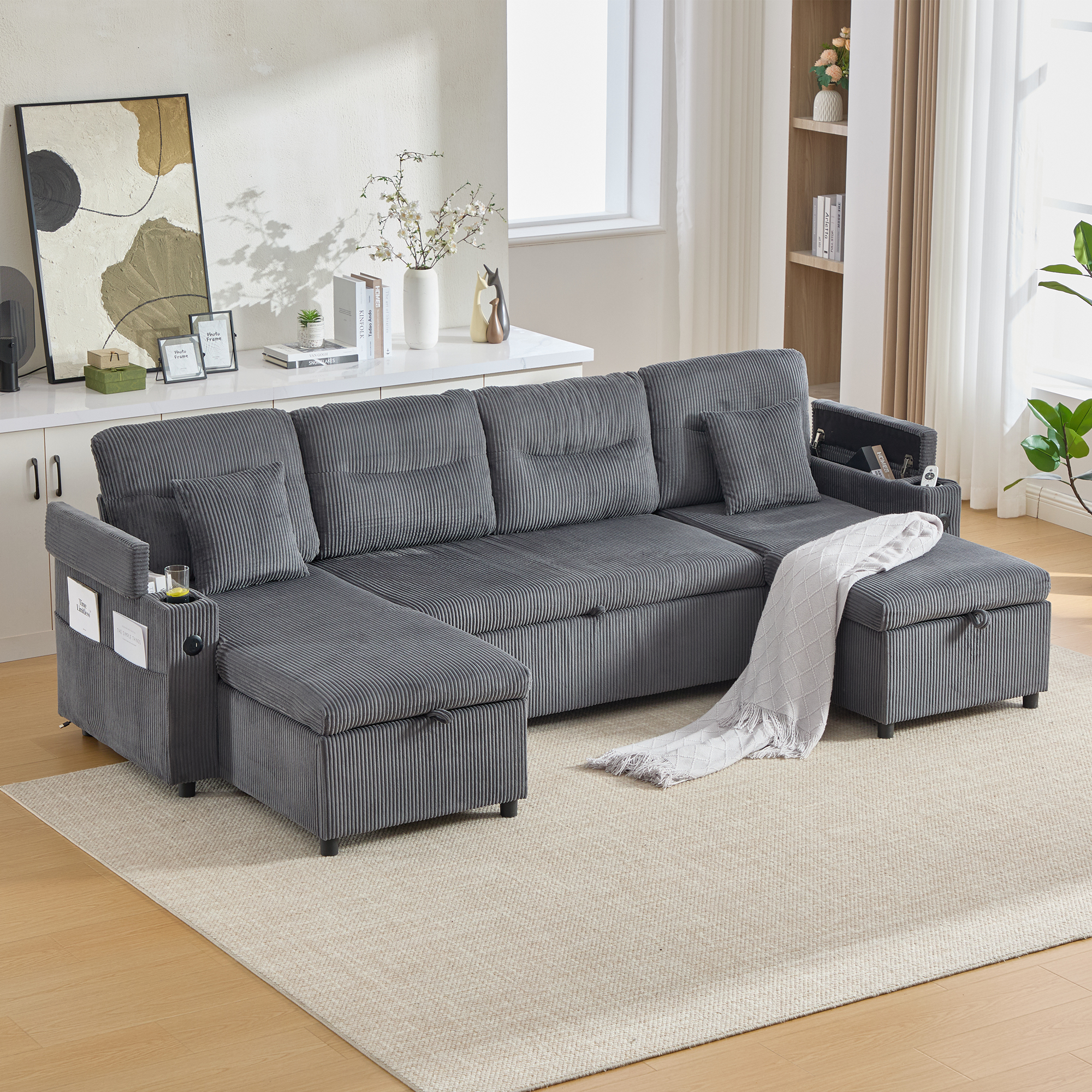 Contemporary 4-seater Corduroy Sofa With Dual Chaise Lounges, Hidden Storage — image 4