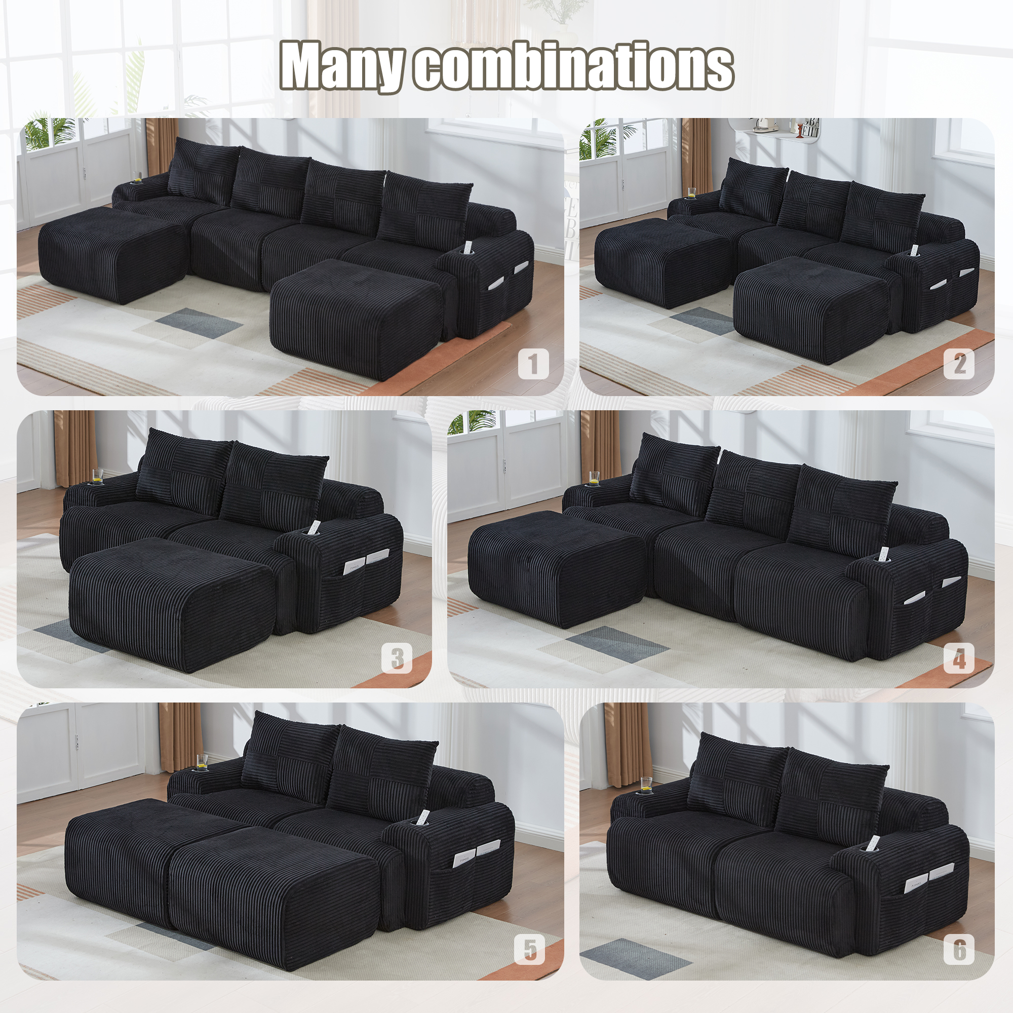 Modular 2-Seater Corduroy Sofa With Ottomans, Freely Configurable Set Cup — image 2