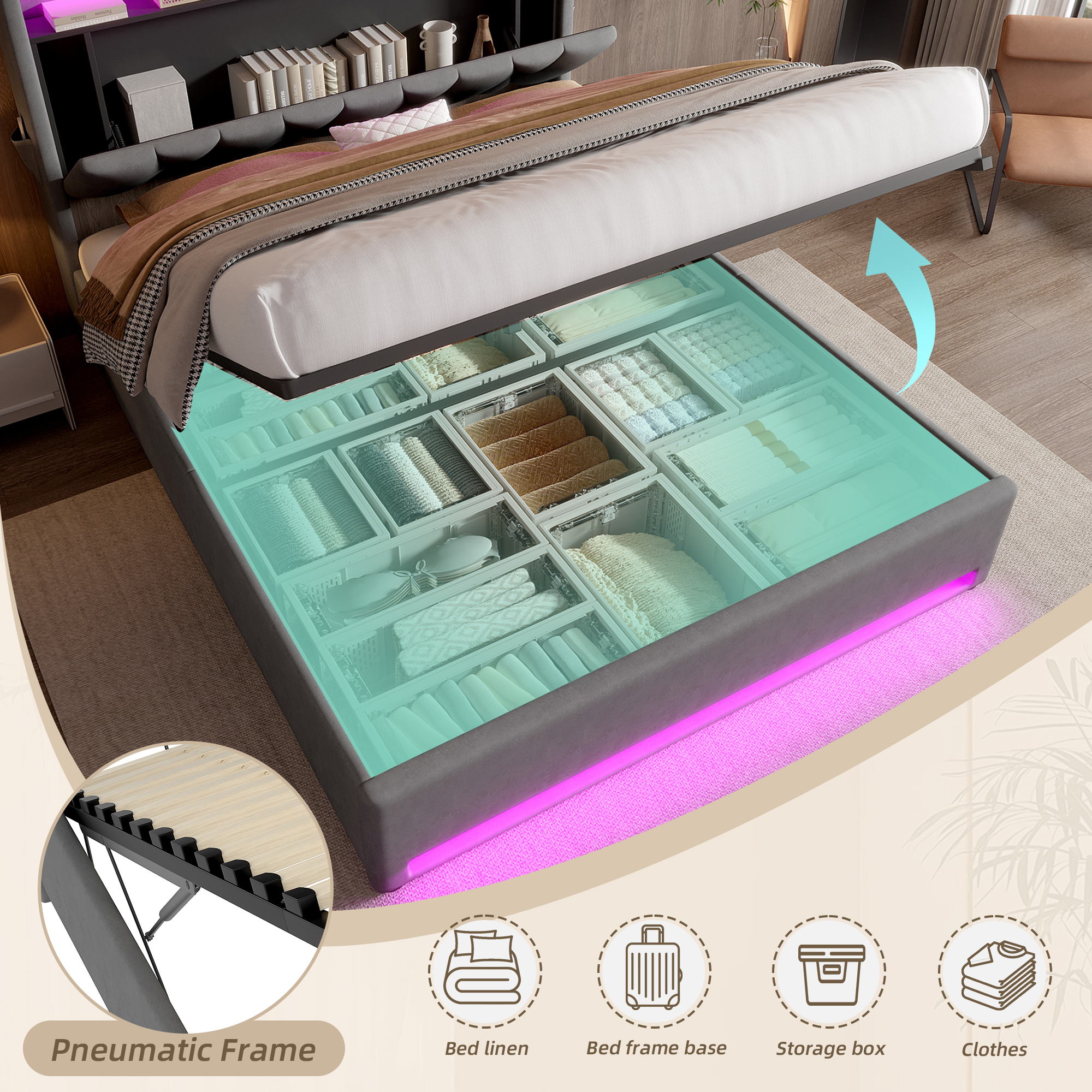 135x190cm Padded Bed Frame With LED Lighting, USB Type-C Charging Function — image 2