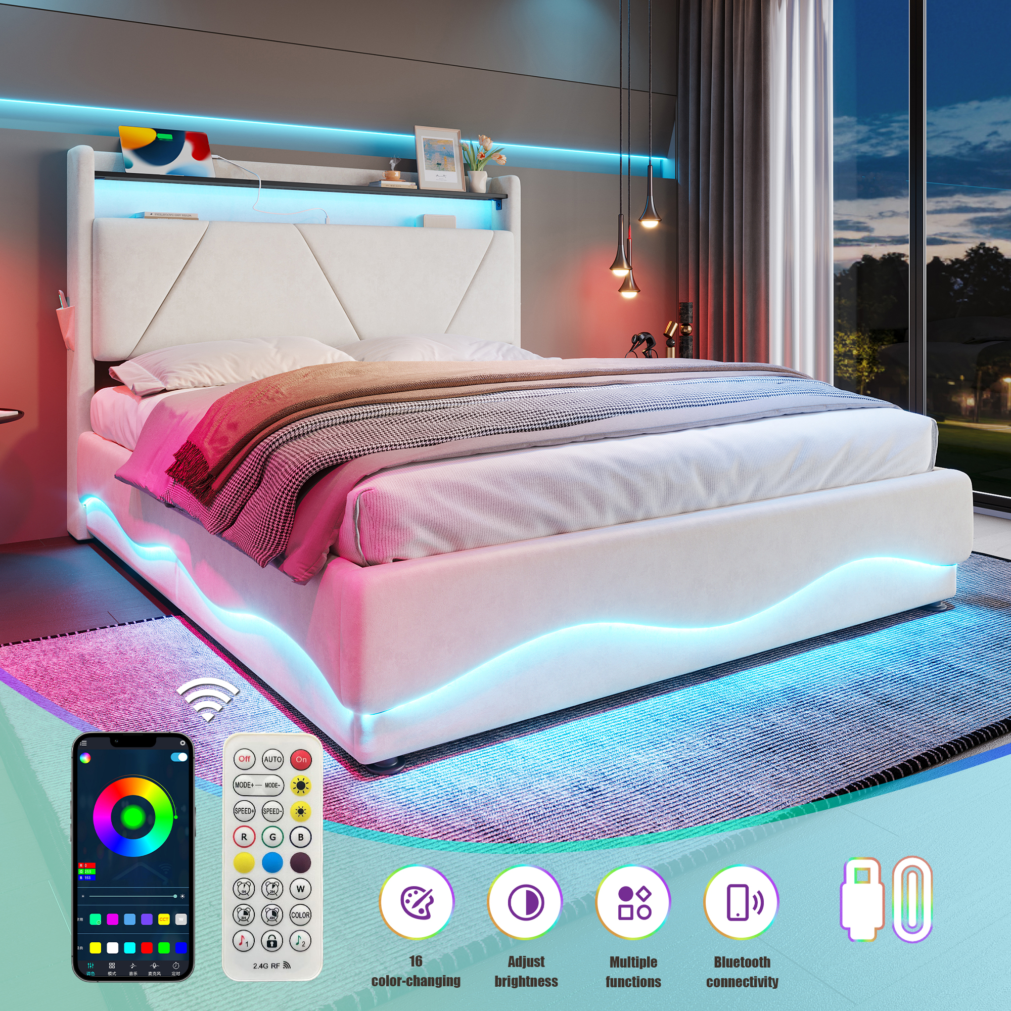 Modern Upholstered Bed Headboard With LED Lighting And Shelving Surfaces — image 3