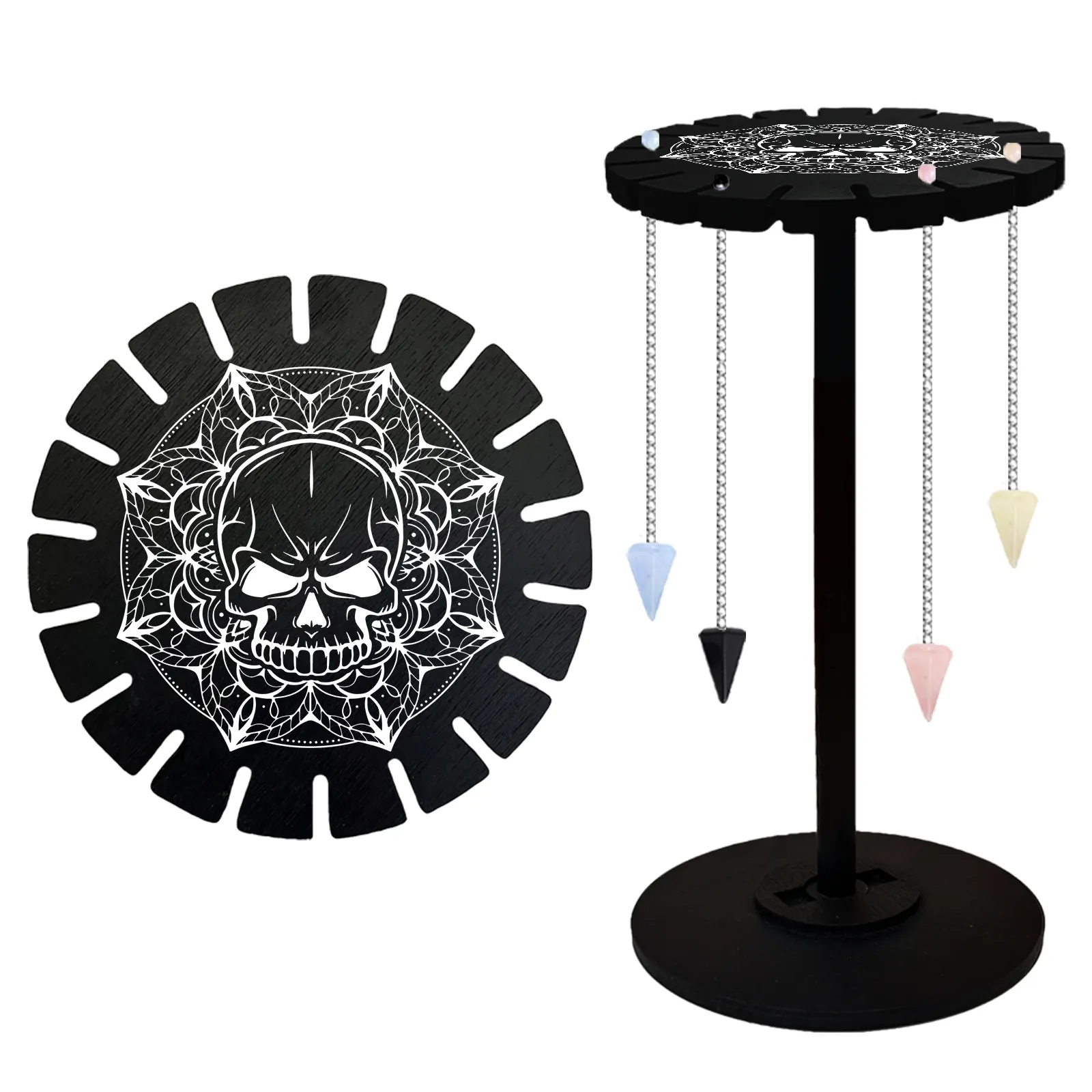 Wooden Wheel, Display Shelf, Black Holder Stand