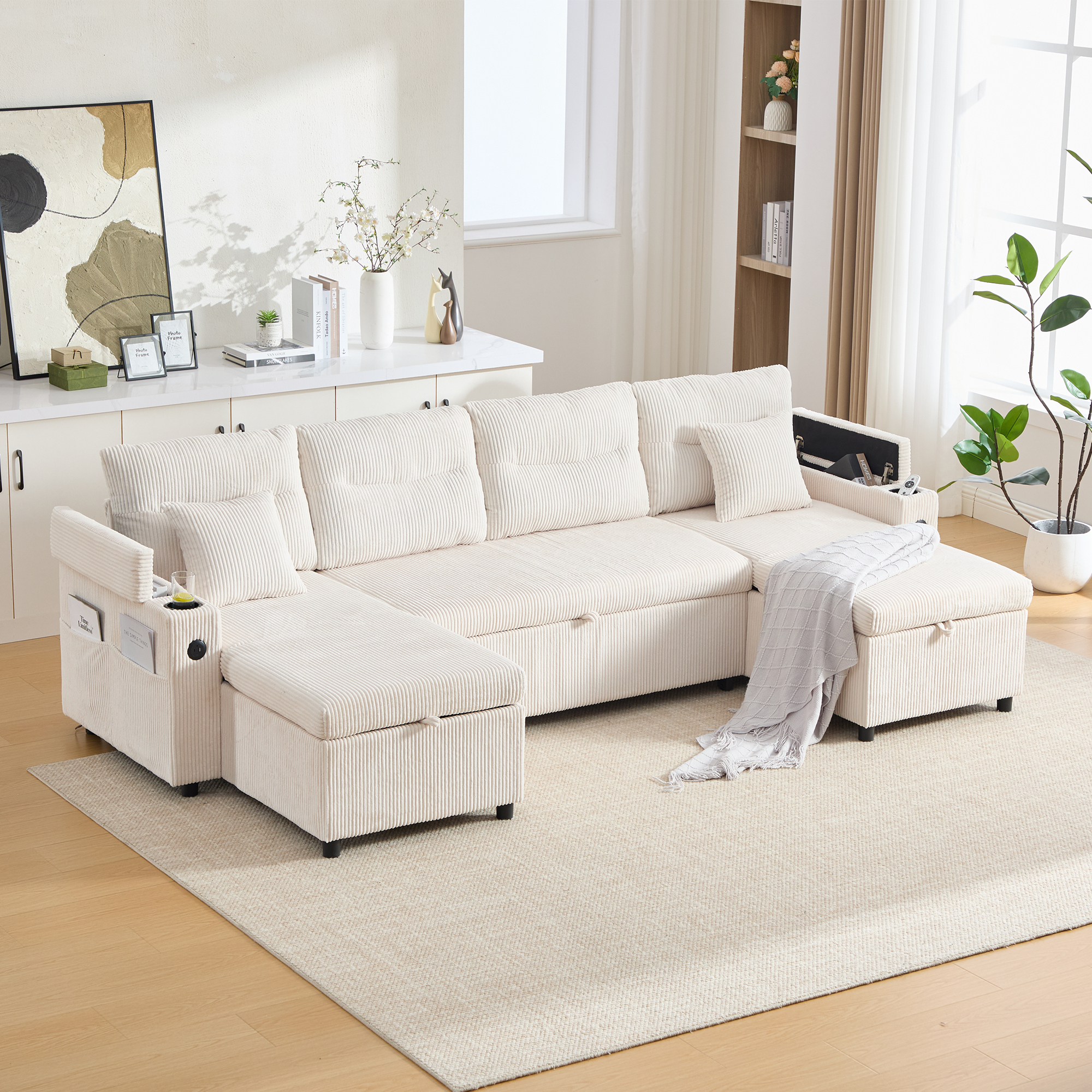 Contemporary 4-seater Corduroy Sofa With Dual Chaise Lounges, Hidden Storage — image 4