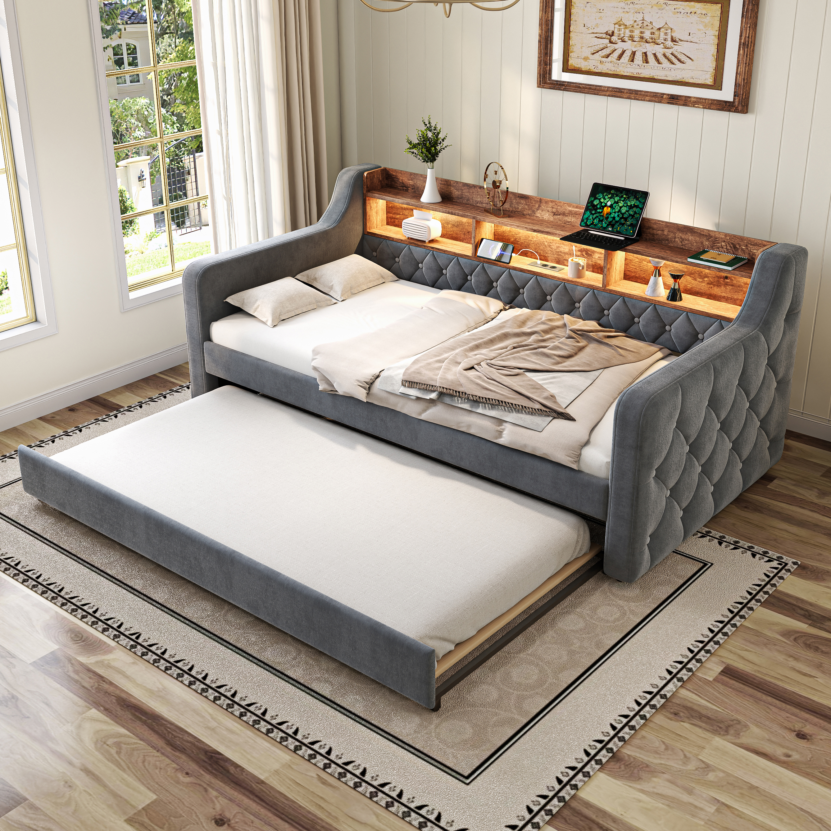 Space-saving Sofa Bed 90x190 Cm In Velvet With Storage, LED Ambiance & USB-C — image 2