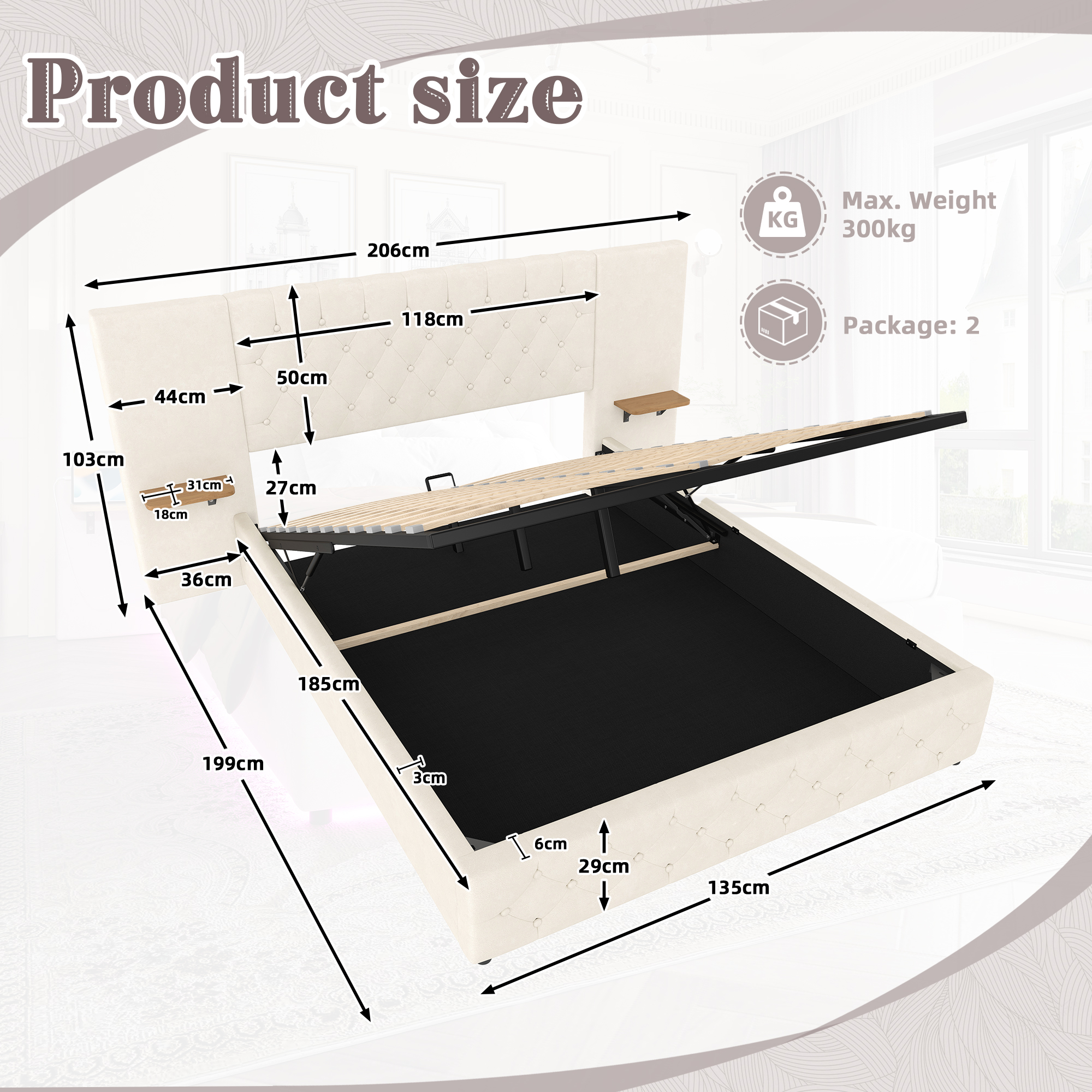 Modern 135x190 Bed Frame With Wide Headboard, LED Lighting, USB-C Ports — image 2