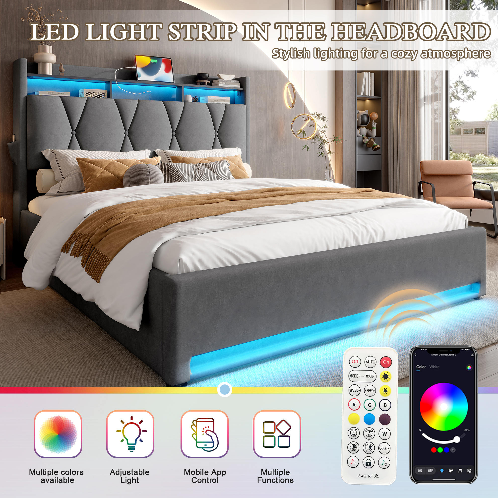 135x190cm Padded Bed Frame With LED Lighting, USB Type-C Charging Function — image 4