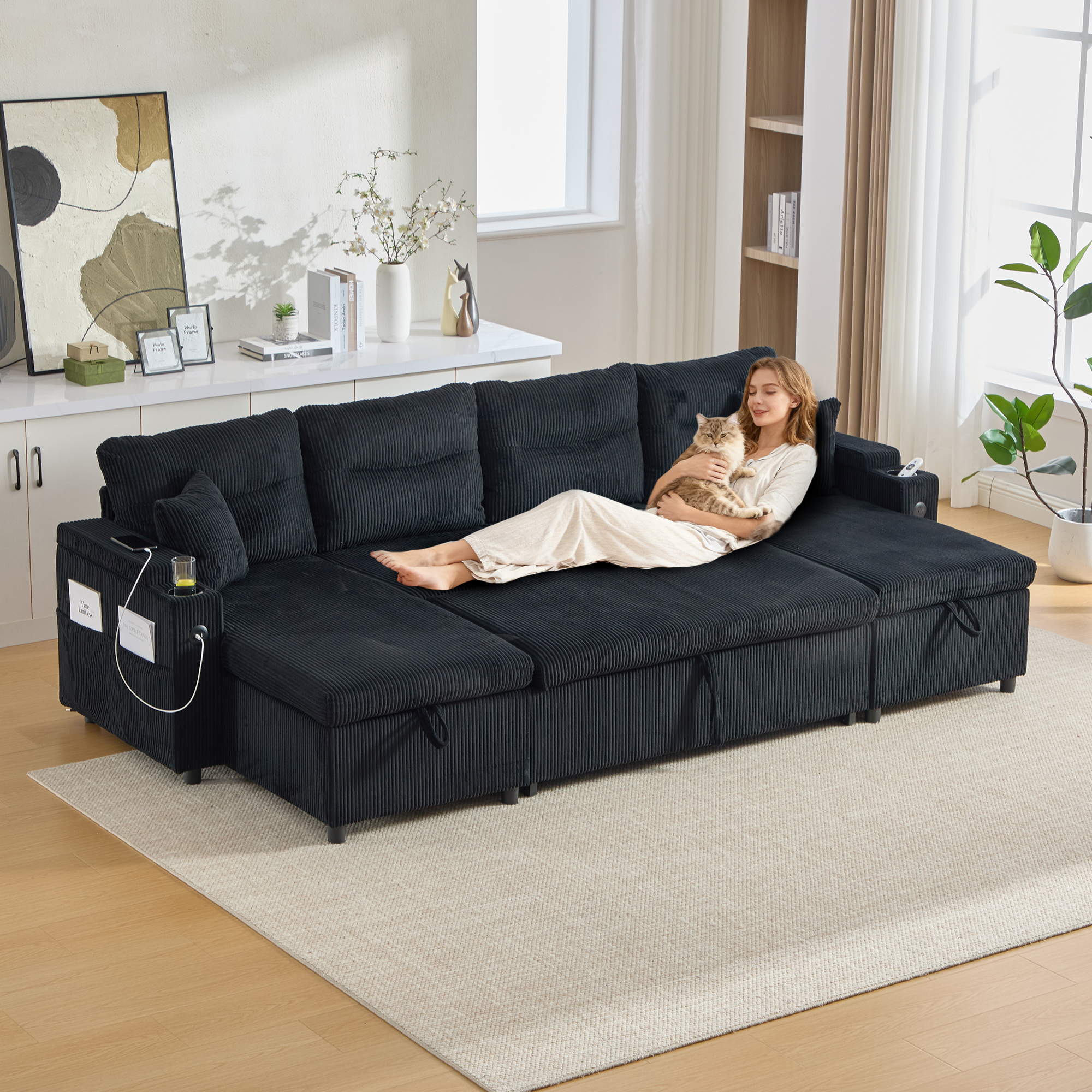 Contemporary 4-seater Corduroy Sofa With Dual Chaise Lounges, Hidden Storage, Built-in Cup Holders, USB Ports And Handy Pull-out Bed  The Perfect Centrepiece For Your Lounge. Black