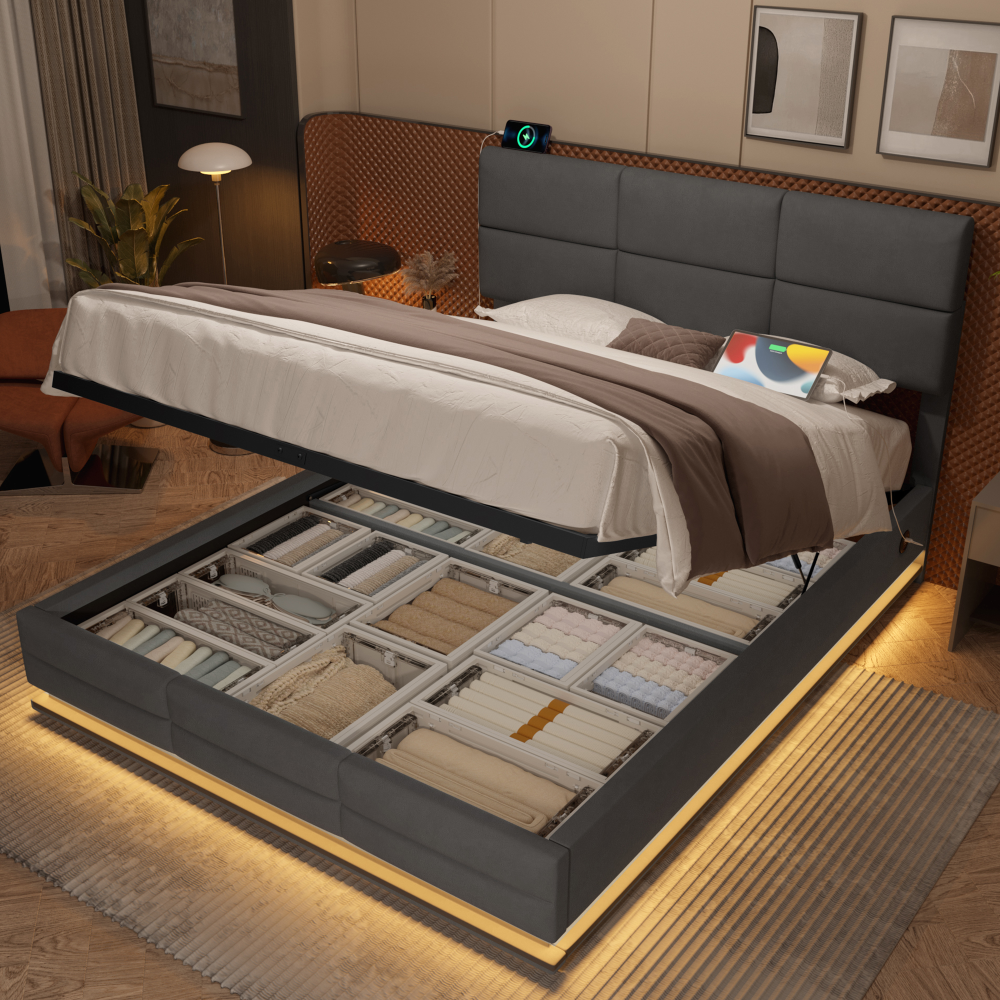 135x190 Cm Modern Velvet Upholstered Bed With Adjustable Headboard Includes USB — image 4