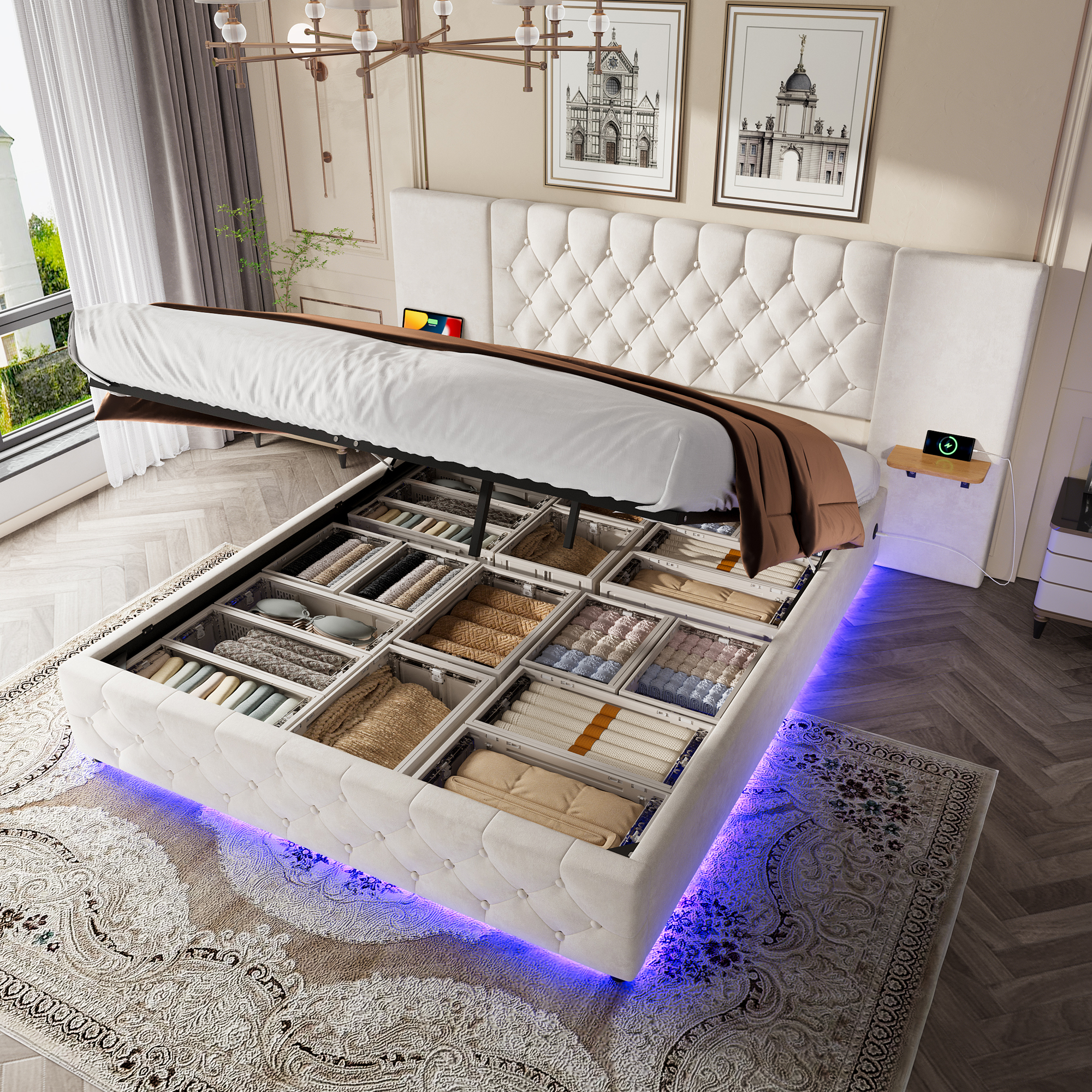 Modern 135x190 Bed Frame With Wide Headboard, LED Lighting, USB-C Ports, Hydraulic Lift System, And Large Under-Bed Storage & Storage Shelves  Ideal For Bedrooms And Comfortable Sleep, Beige