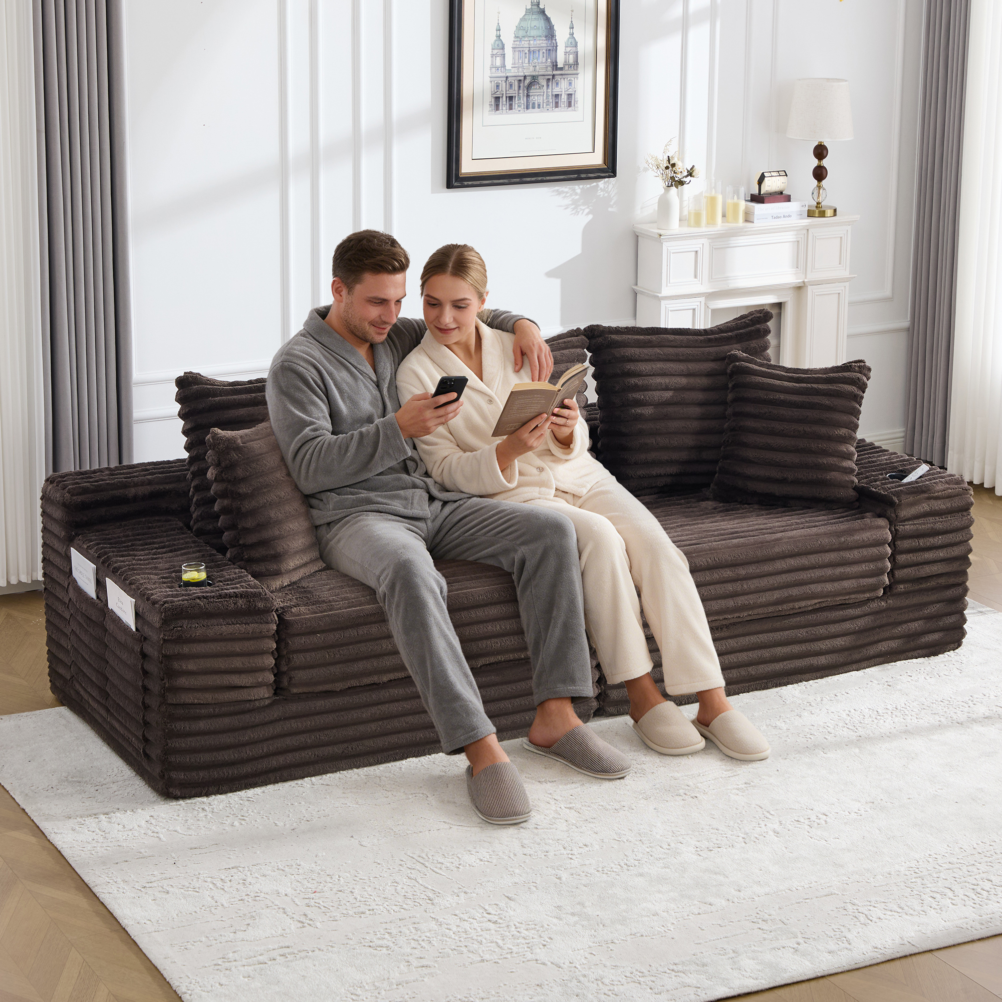 Corduroy Sofa With Compressed Seat Design, High Backrest & Extra Pillow, Side — image 2