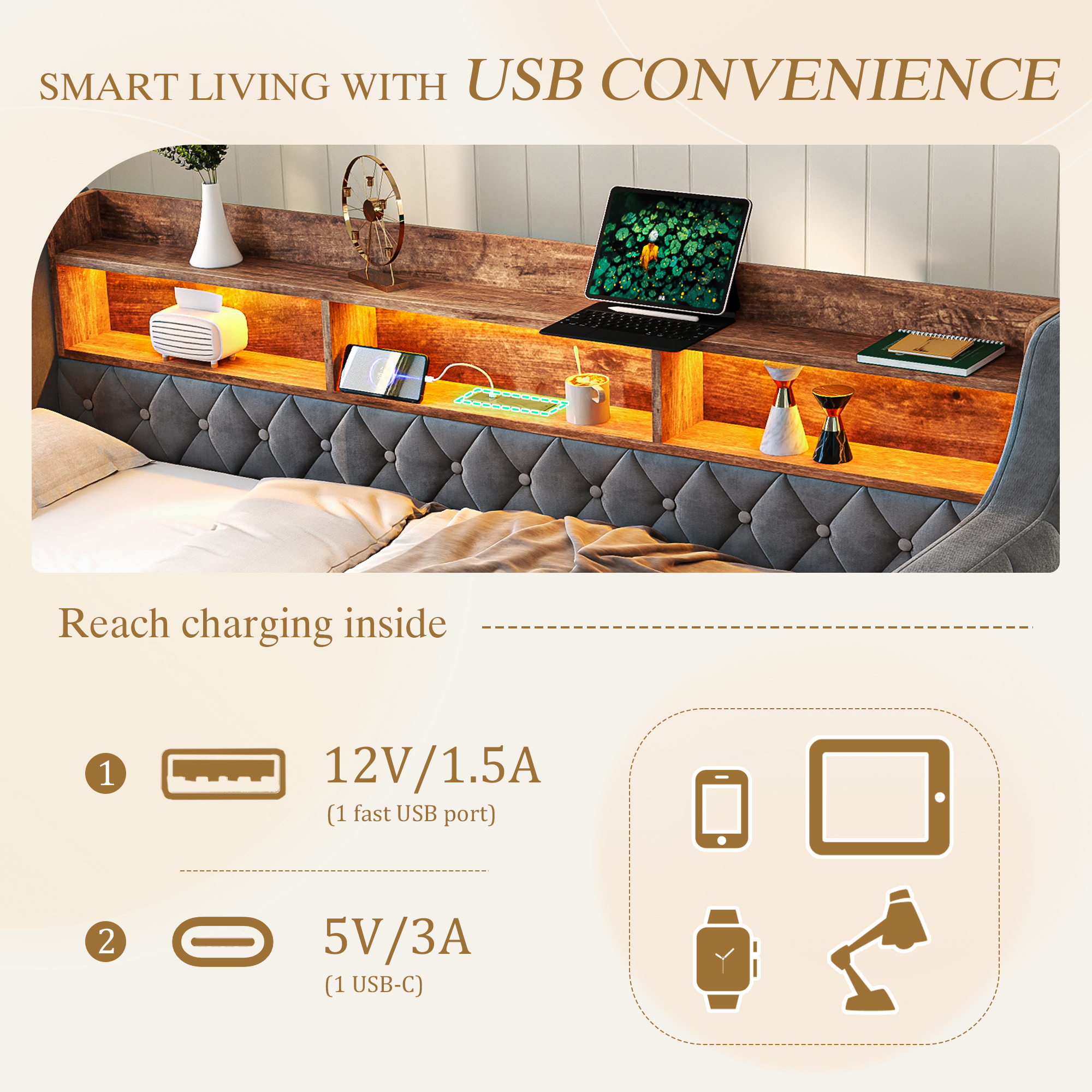 Space-saving Sofa Bed 90x190 Cm In Velvet With Storage, LED Ambiance & USB-C — image 4