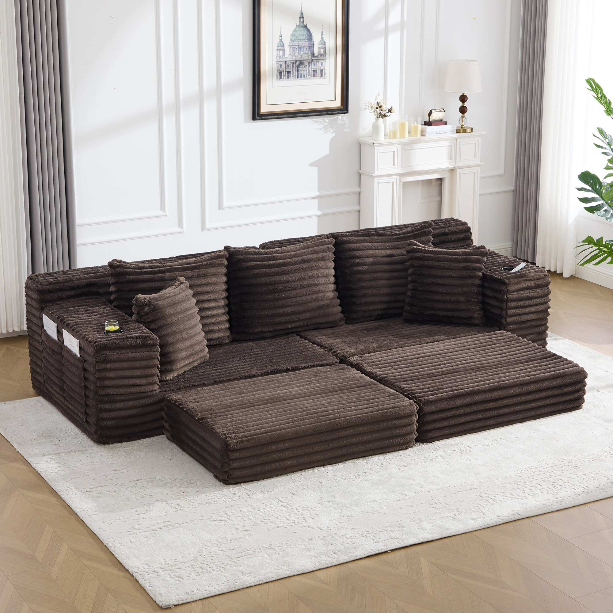 Corduroy Sofa With Compressed Seat Design, High Backrest & Extra Pillow, Side
