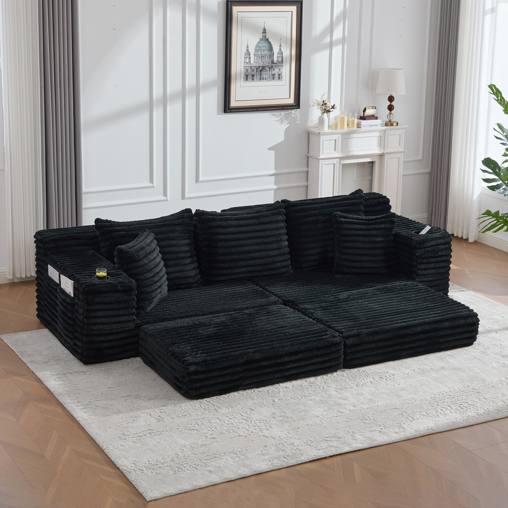 Corduroy Sofa With Compressed Seat Design, High Backrest & Extra Pillow, Side — image 3