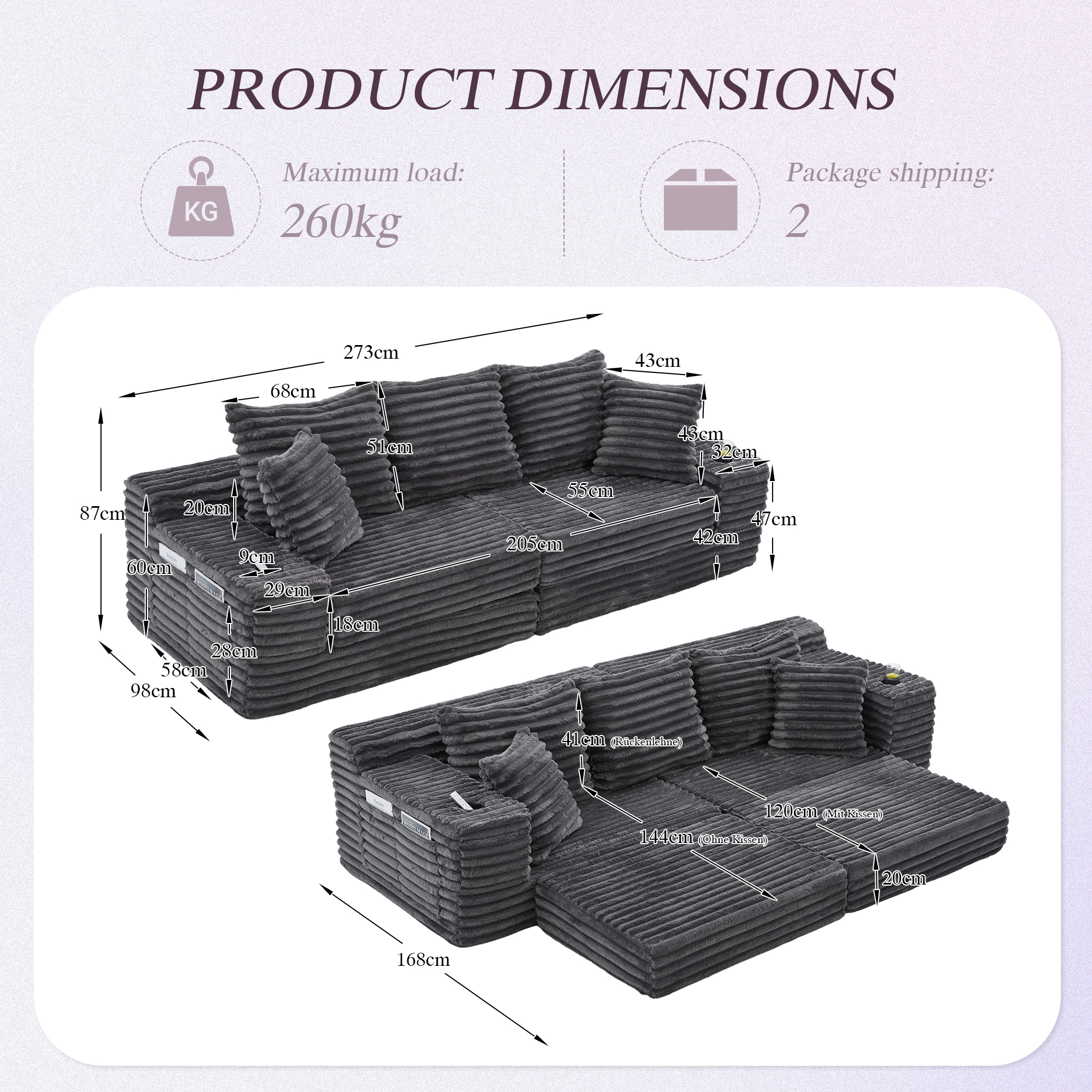 Corduroy Sofa With Compressed Seat Design, High Backrest & Pillow, Side Pockets — image 2
