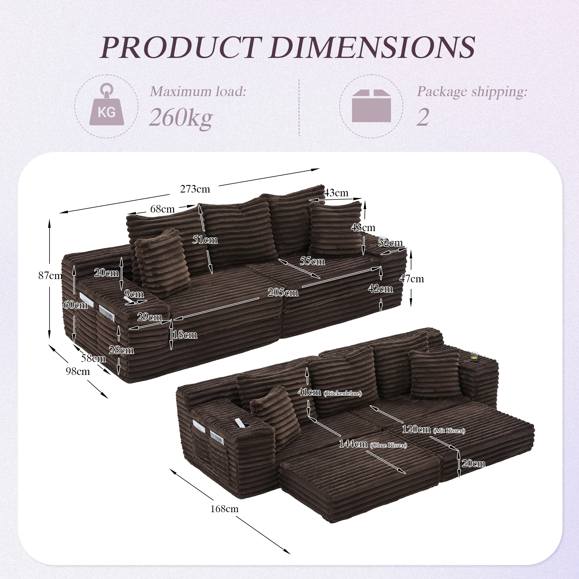 Corduroy Sofa With Compressed Seat Design, High Backrest & Extra Pillow, Side — image 4