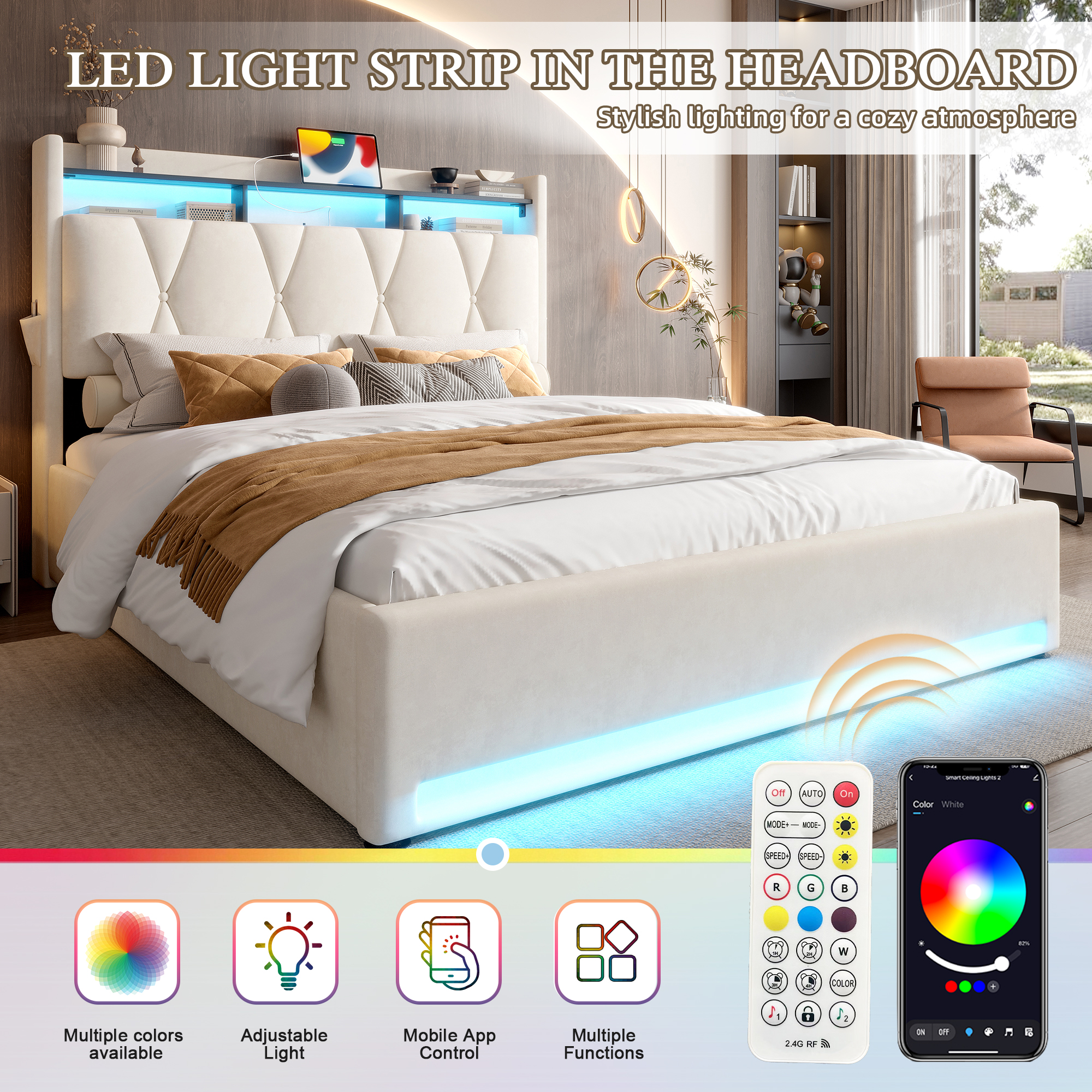 135x190cm Padded Bed Frame With LED Lighting, USB Type-C Charging Function — image 2