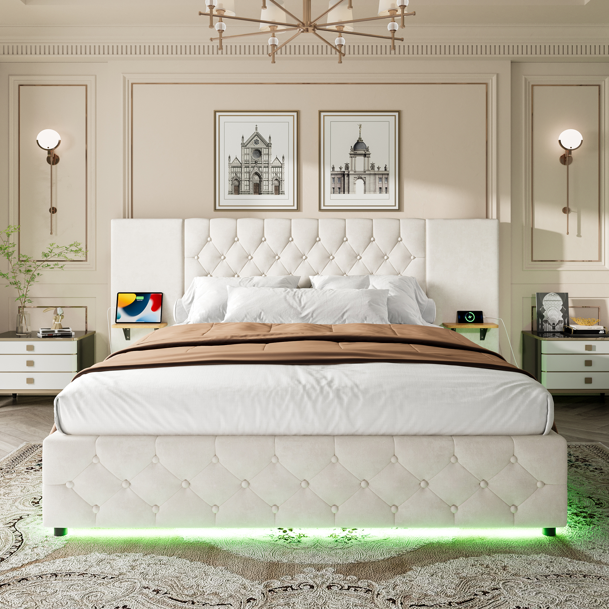 Modern 135x190 Bed Frame With Wide Headboard, LED Lighting, USB-C Ports