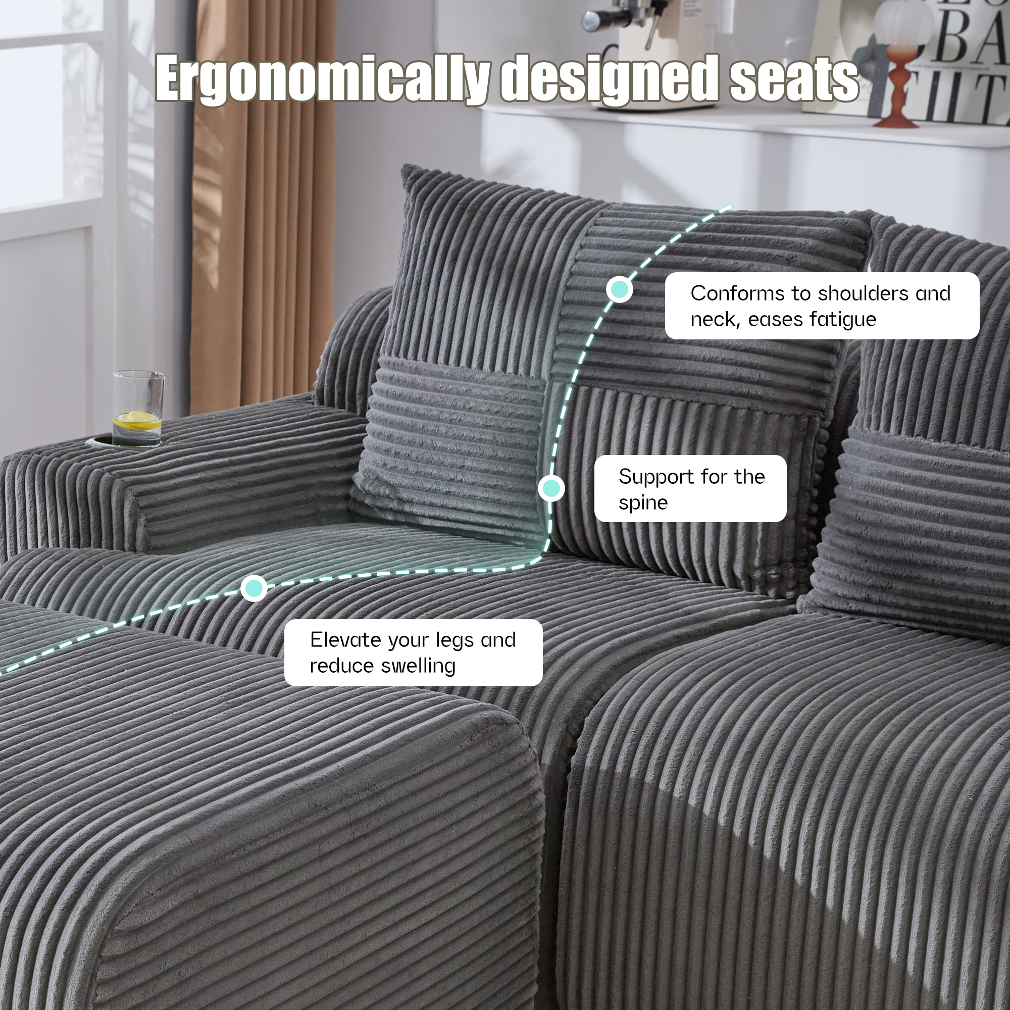 Modular 2-Seater Corduroy Sofa With Ottomans, Freely Configurable Set Cup — image 5