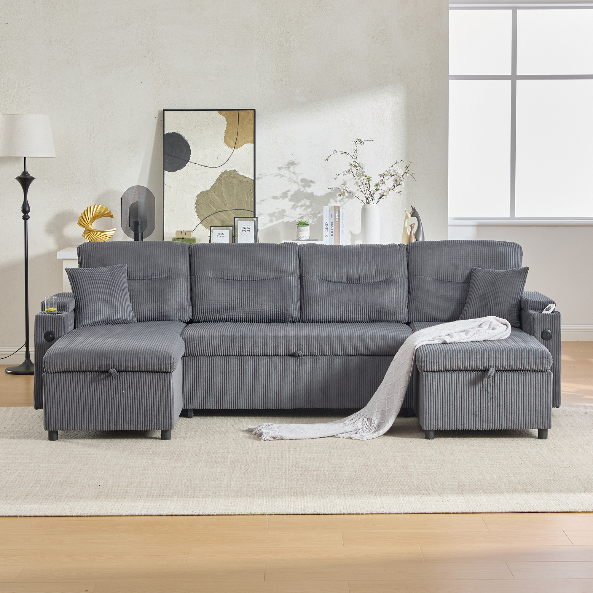 Contemporary 4-seater Corduroy Sofa With Dual Chaise Lounges, Hidden Storage — image 2