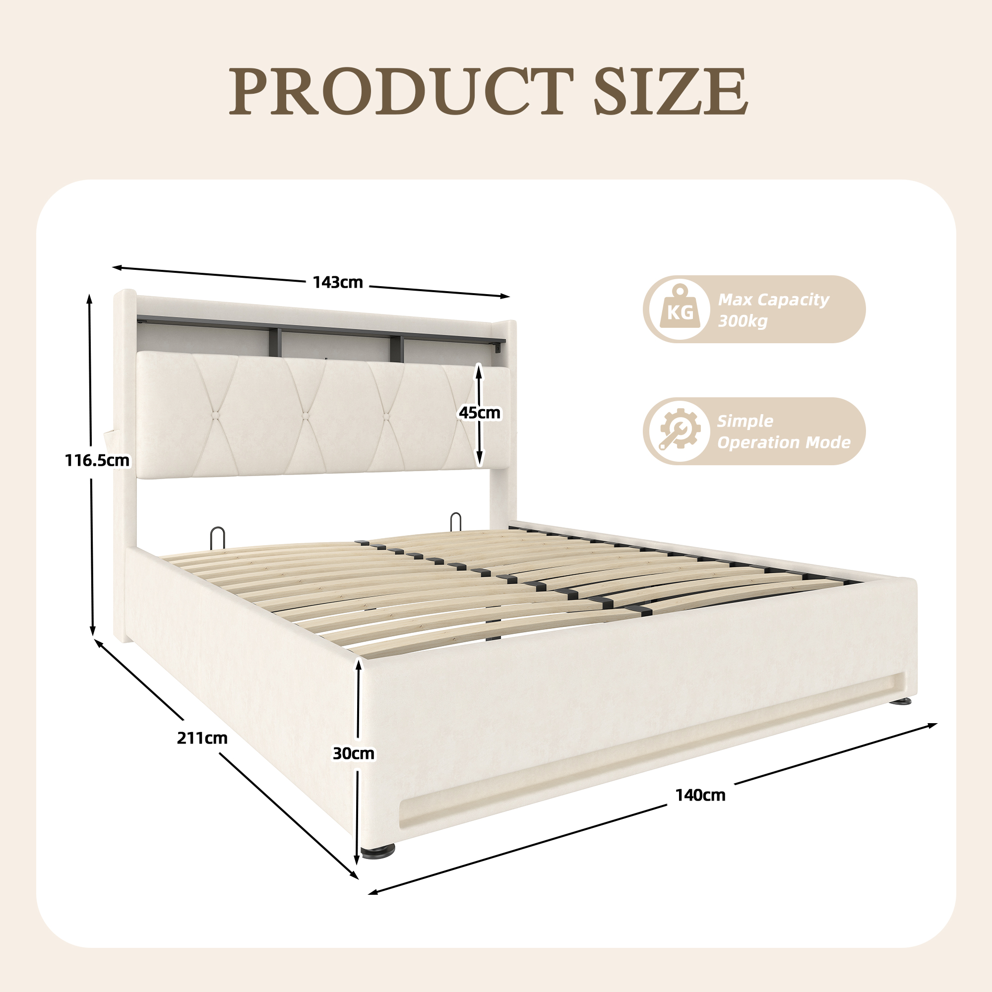 135x190cm Padded Bed Frame With LED Lighting, USB Type-C Charging Function — image 4