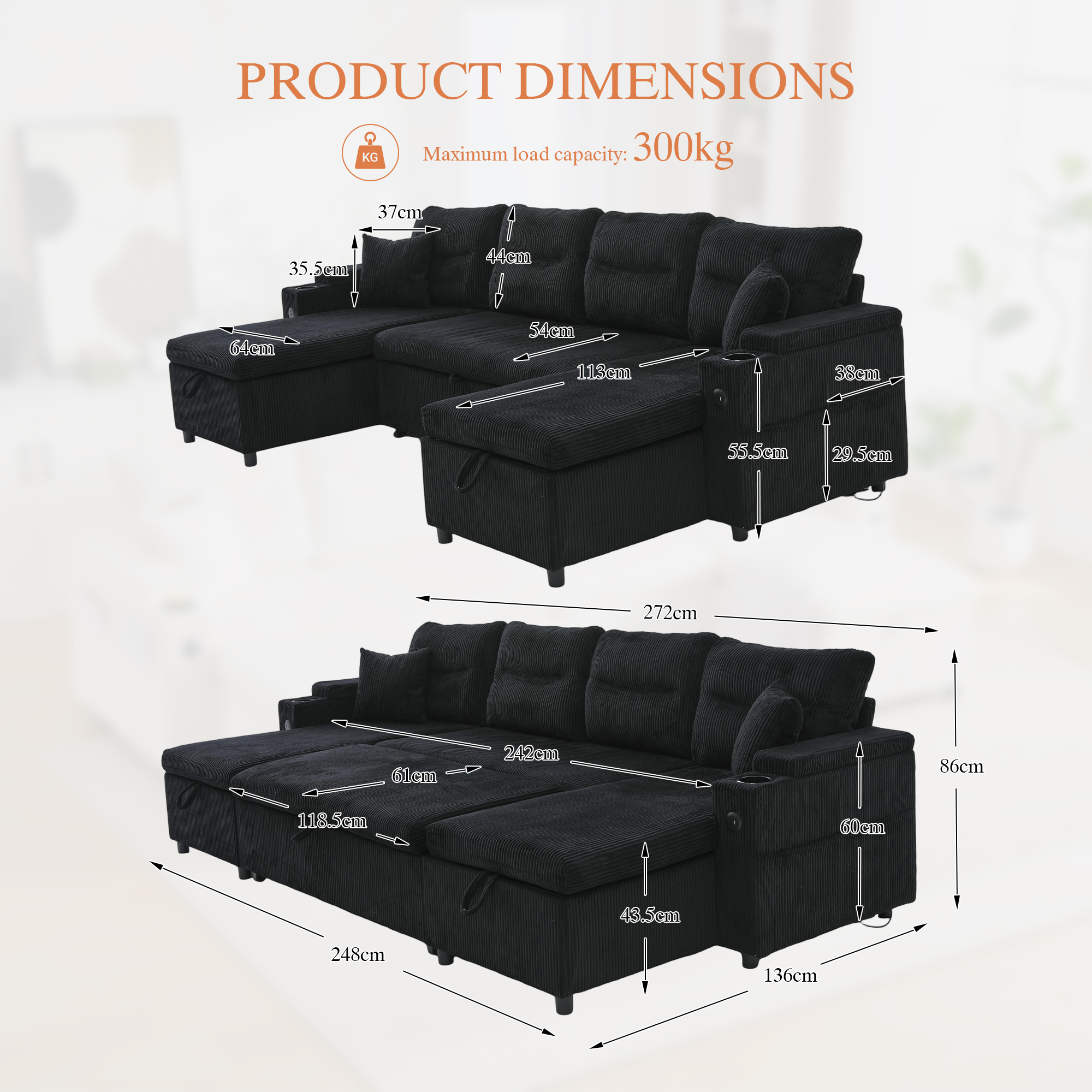 Contemporary 4-seater Corduroy Sofa With Dual Chaise Lounges, Hidden Storage — image 2