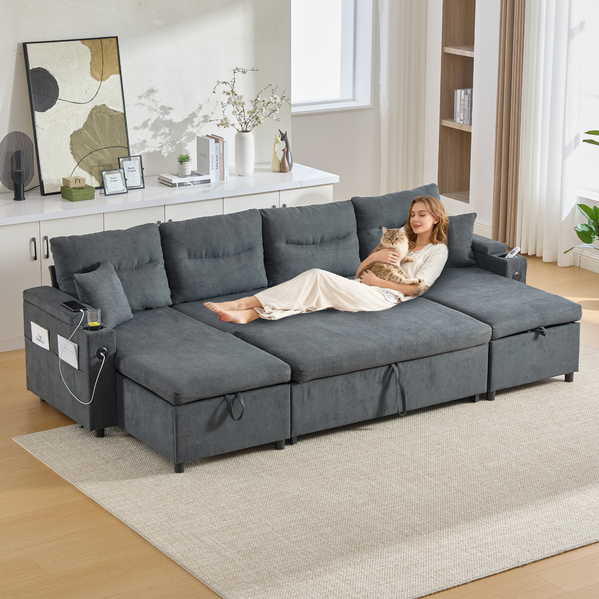 Contemporary 4-seater Corduroy Sofa With Dual Chaise Lounges, Hidden Storage, Built-in Cup Holders, USB Ports And Handy Pull-out Bed  The Perfect Centrepiece For Your Lounge.Charcoal Grey