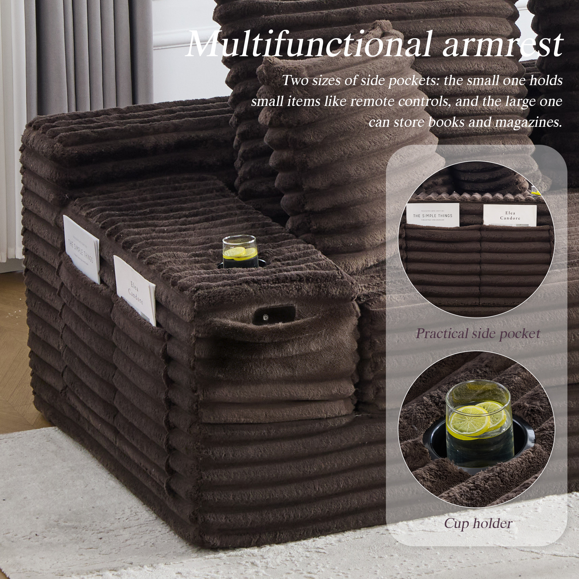 Corduroy Sofa With Compressed Seat Design, High Backrest & Extra Pillow, Side — image 3
