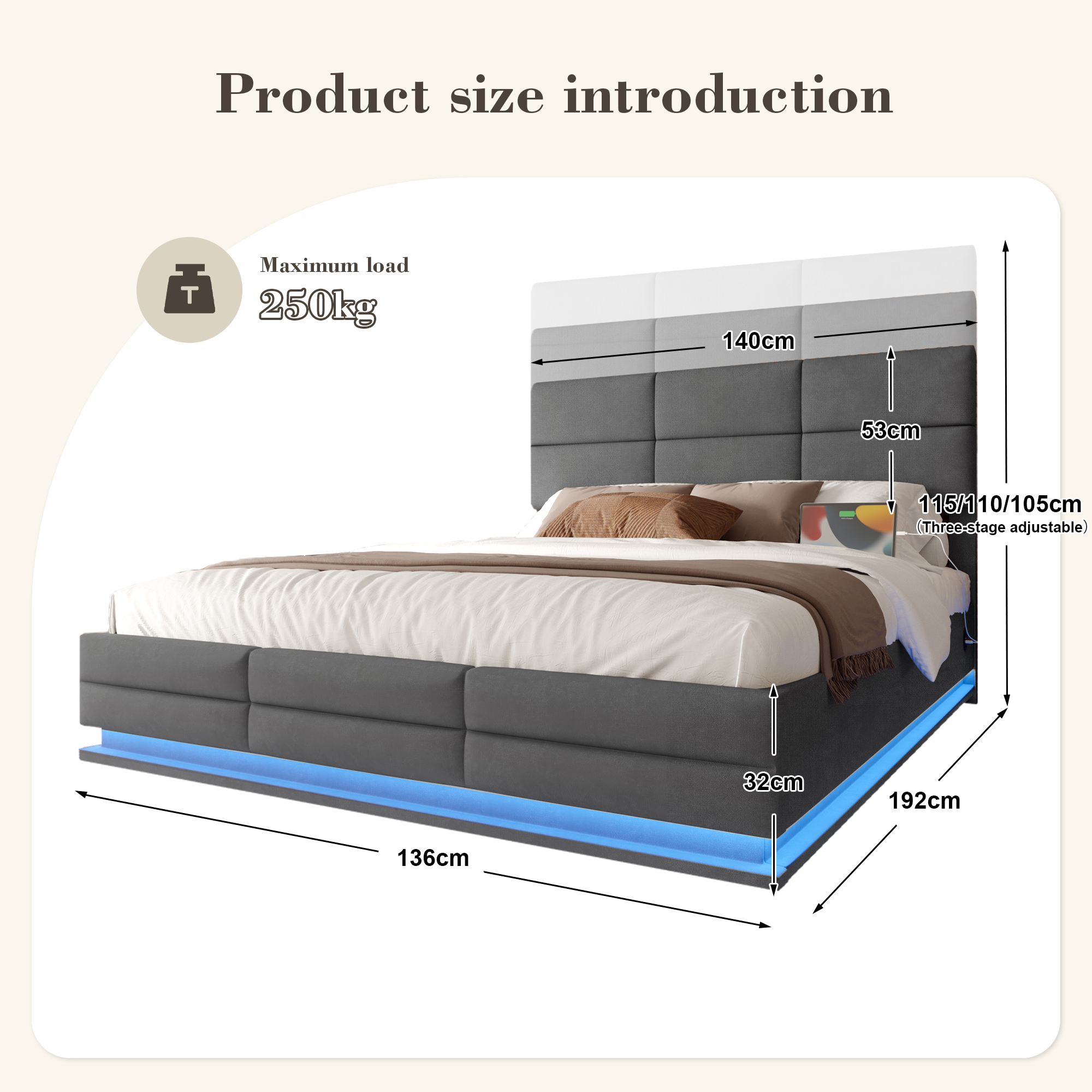 135x190 Cm Modern Velvet Upholstered Bed With Adjustable Headboard Includes USB