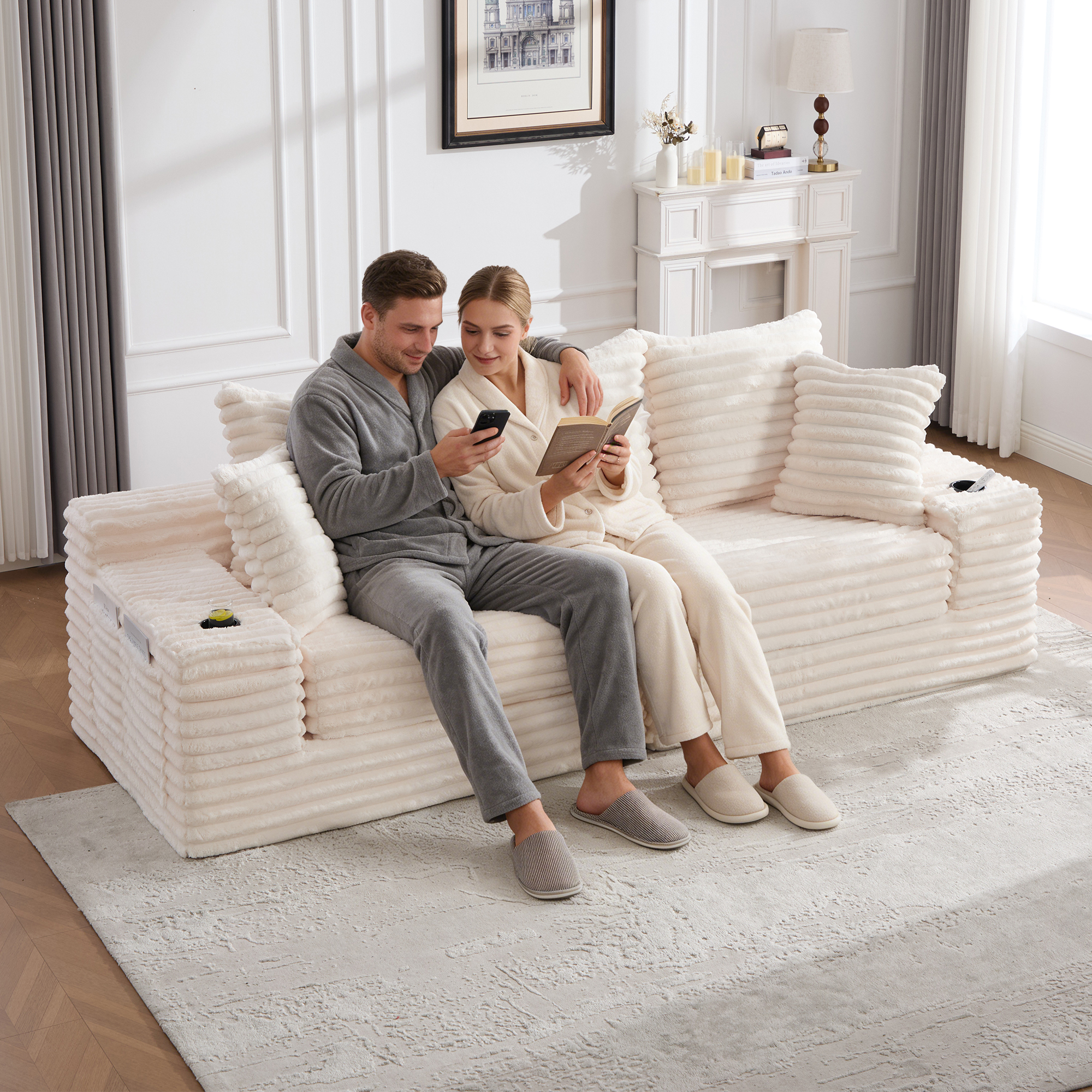 Corduroy Sofa With Compressed Seat Design, High Backrest & Extra Pillow, Side — image 4