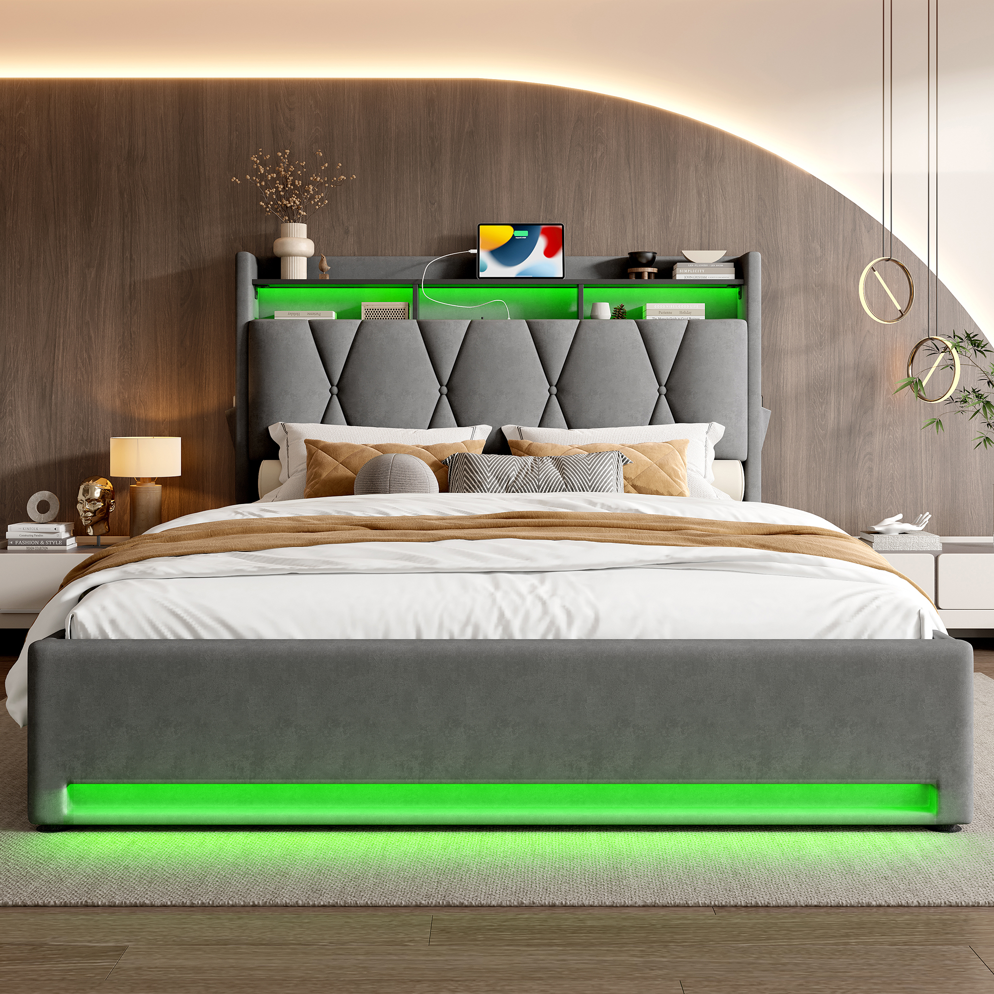 135x190cm Padded Bed Frame With LED Lighting, USB Type-C Charging Function — image 3