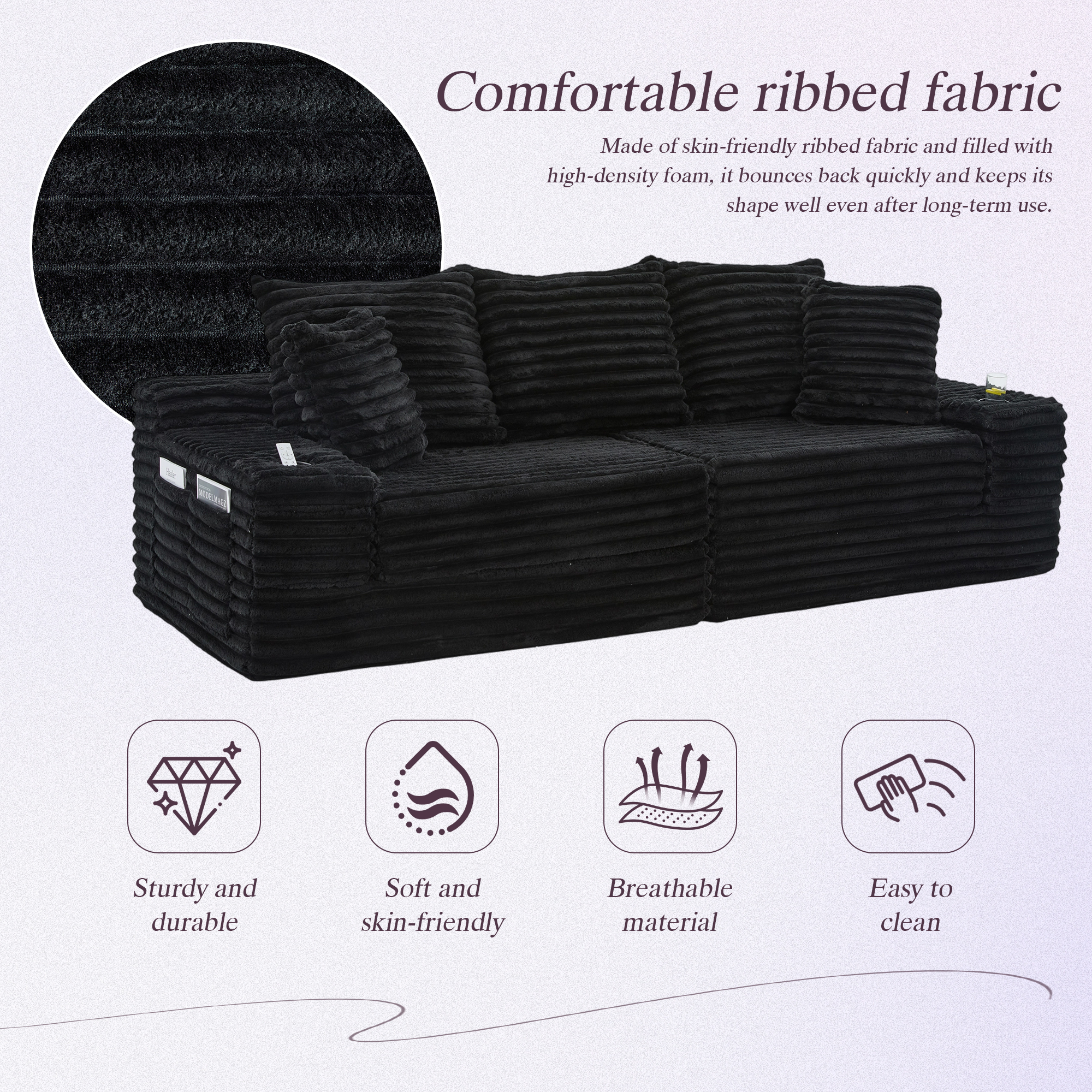 Corduroy Sofa With Compressed Seat Design, High Backrest & Extra Pillow, Side — image 5