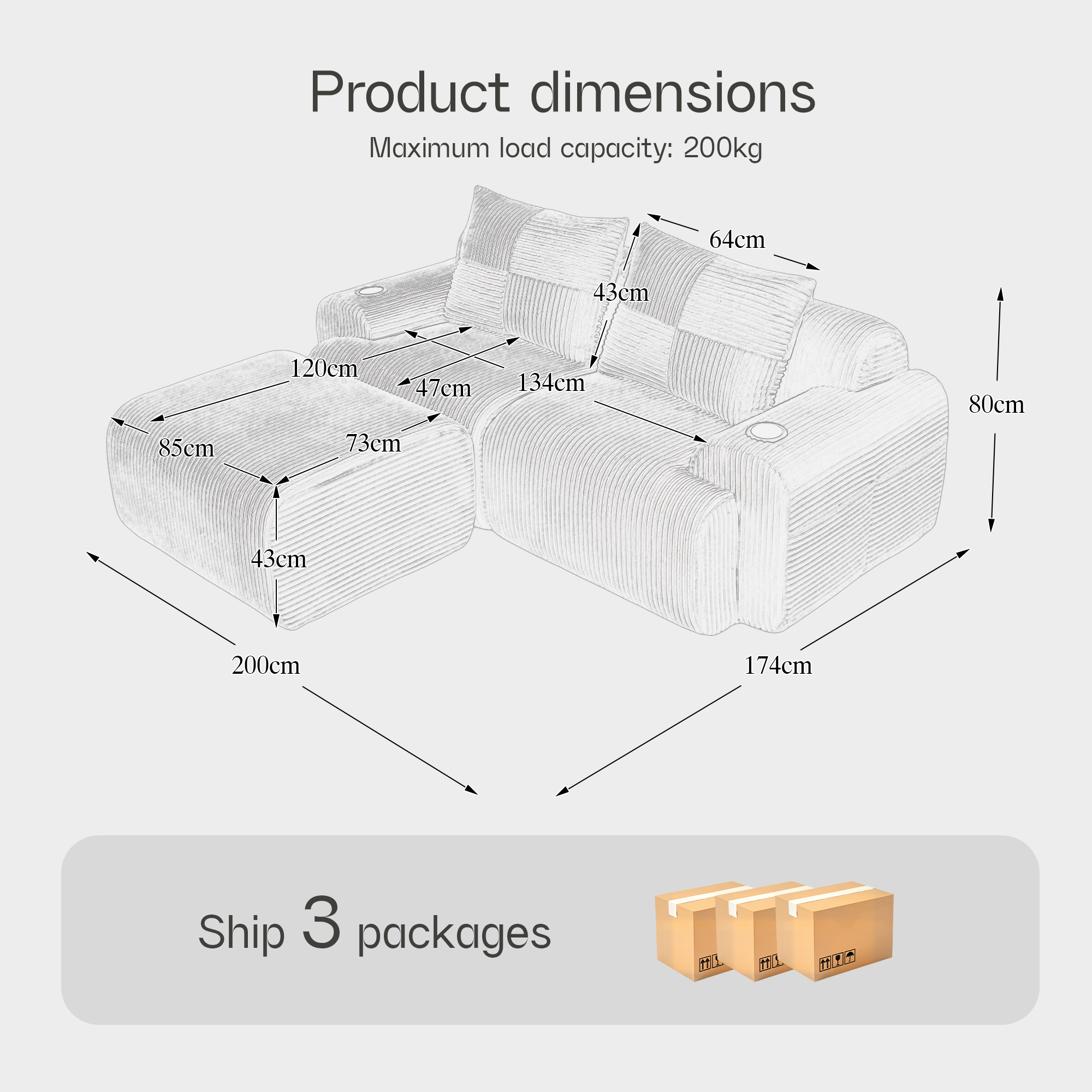 Modular 2-Seater Corduroy Sofa With Ottomans, Freely Configurable Set Cup — image 3