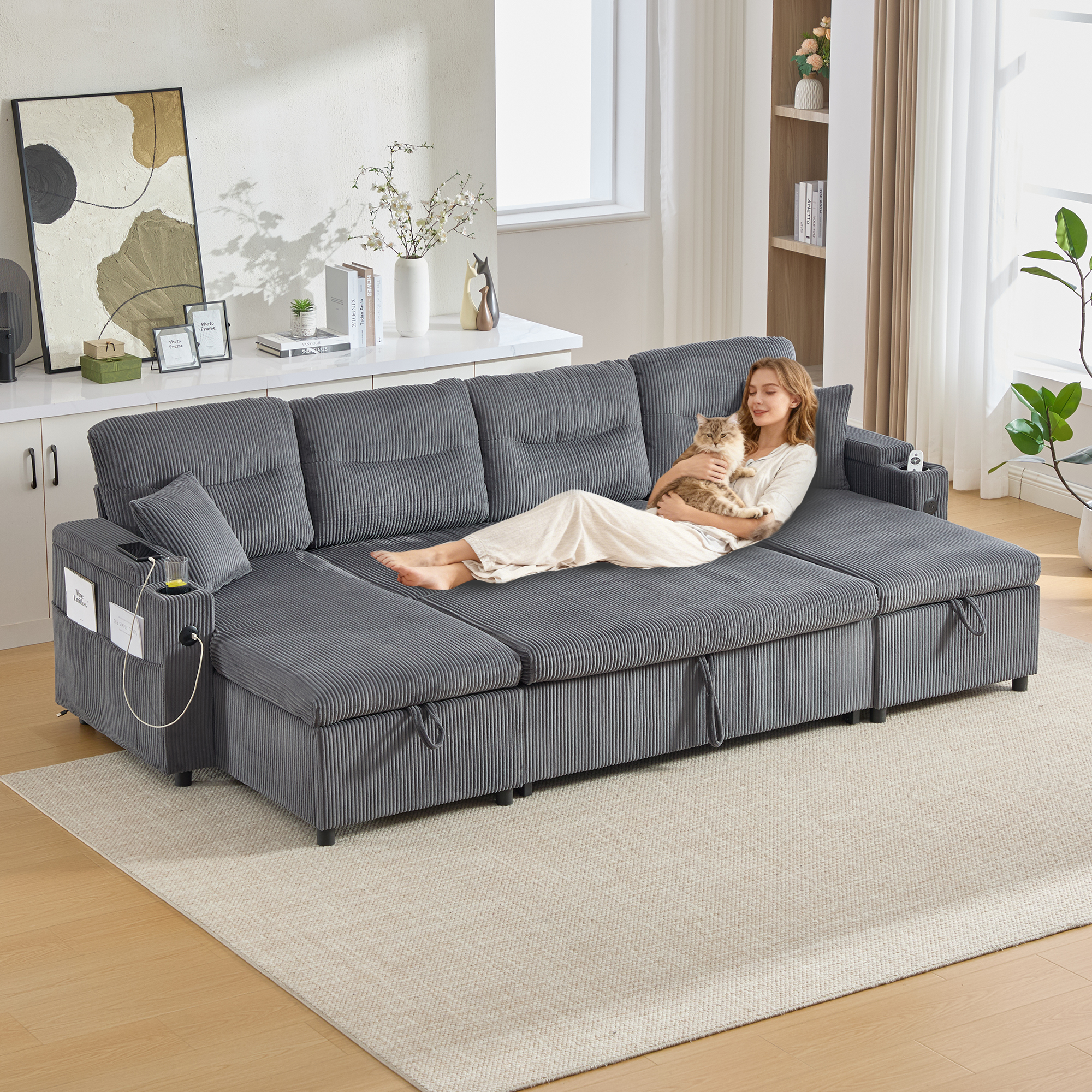 Contemporary 4-seater Fabric Sofa Featuring Dual Chaise Lounges, Hidden Storage, Integrated Cup Holders, USB Ports, And A Convenient Pull-out Bed  The Ideal Centrepiece For Your Living Room.Dark Gray