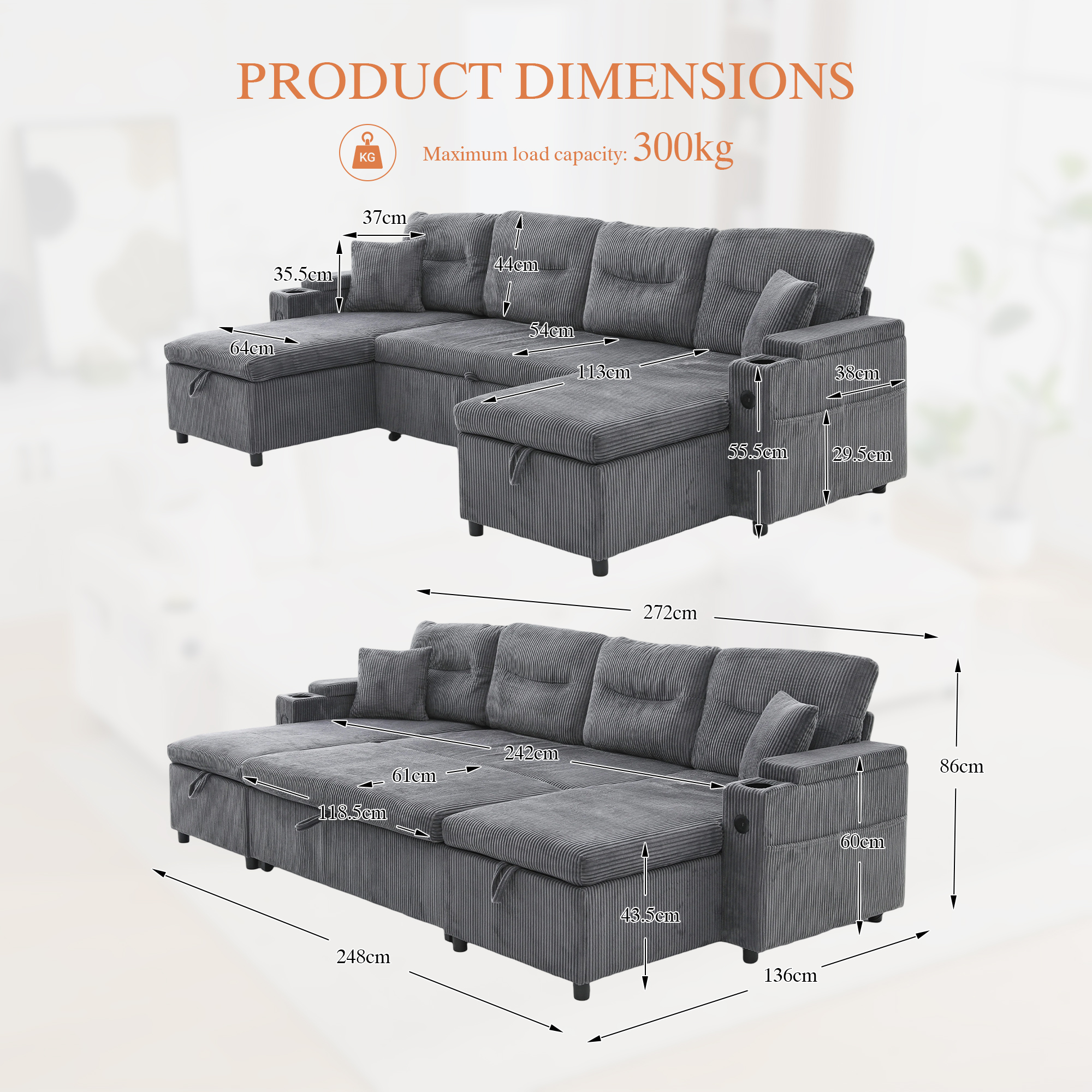 Contemporary 4-seater Fabric Sofa Featuring Dual Chaise Lounges, Hidden — image 4