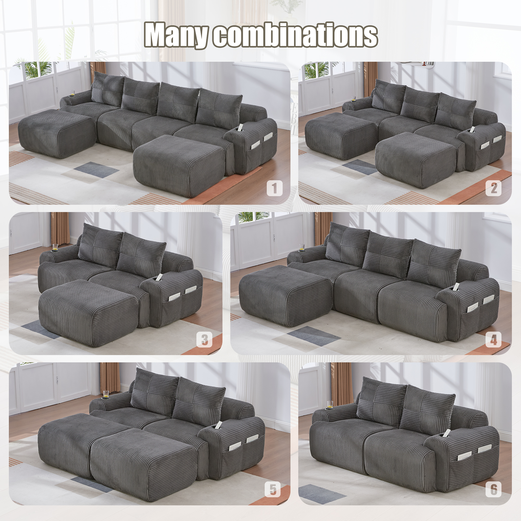Modular 2-Seater Corduroy Sofa With Ottomans, Freely Configurable Set Cup — image 4