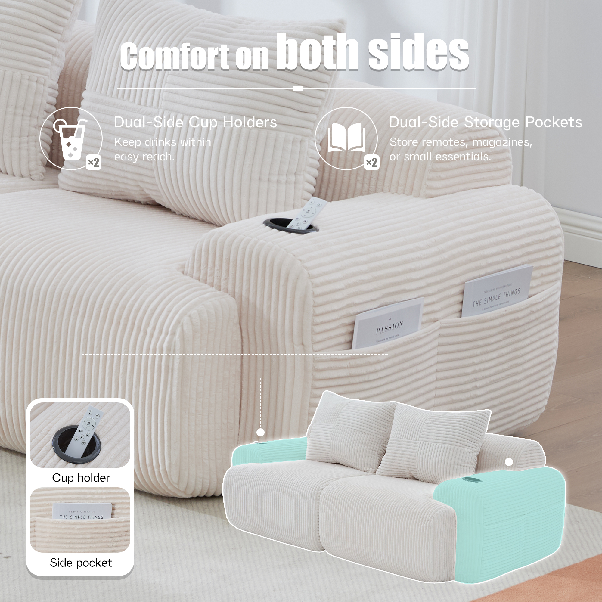 Canapé modulaire 2 places en velours côtelé – Image 3