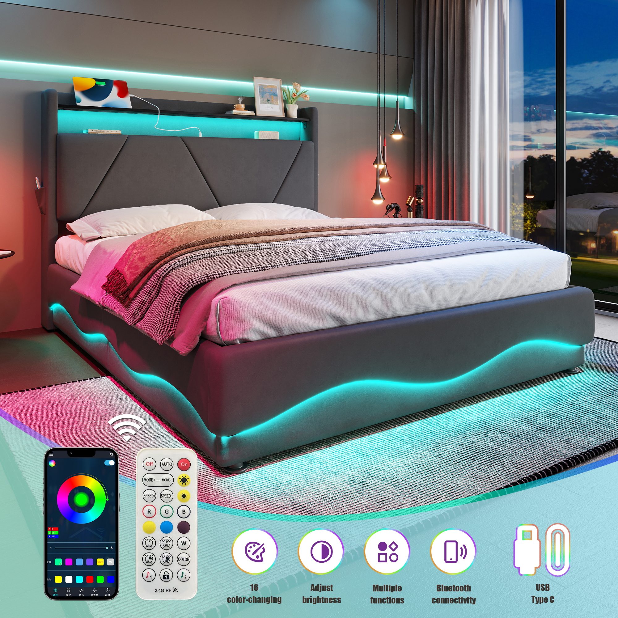 Modern Upholstered Bed Headboard With LED Lighting And Shelving Surfaces — image 3