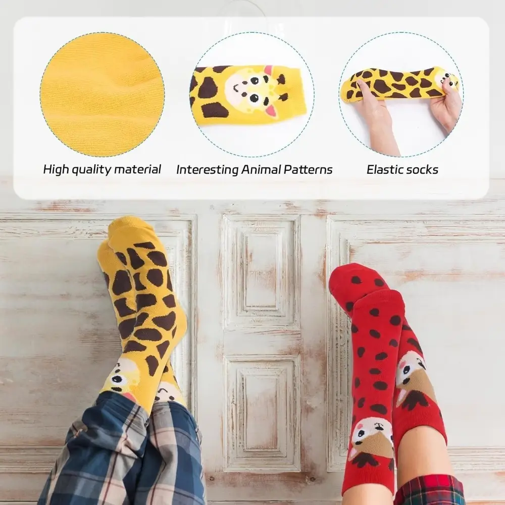5 Pairs Of Women's Socks With Animal Designs – Cute Crew Socks Featuring Tiger, Squirrel, And Cow Patterns, Made From A Soft Cotton Blend For Everyday Wear, A F