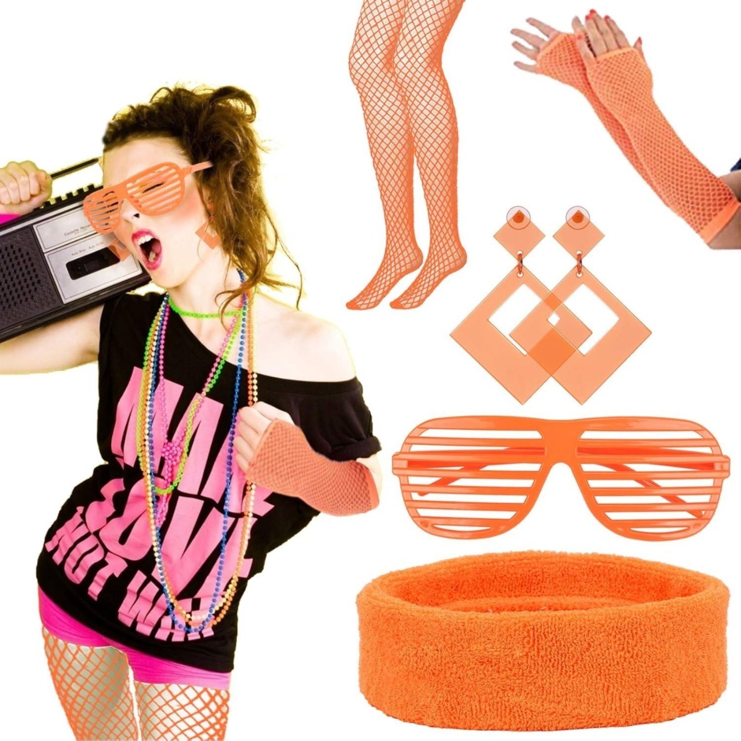 5TLG 1980s Costume Accessories 1990s Headband Neon Women's Outfit 1990s Clothing Accessories 1980s Fluorescent Orange Earrings Fishnet Gloves For Wome