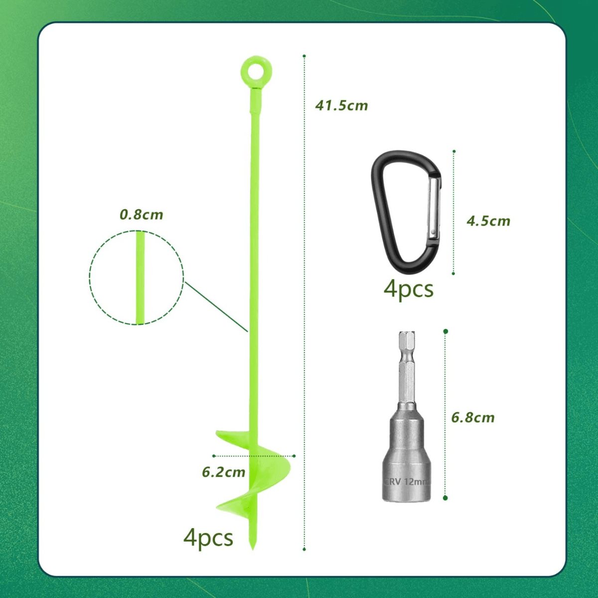 4-Piece Ground Anchor Set:Trampoline Ground Anchors,Spiral Ground Anchors,Heavy-Duty Anchors For Screwing In With Adapter,4 Carabiner Clips For Securing Tents,Trampolines, Canopies,and Gazebos — foto 2