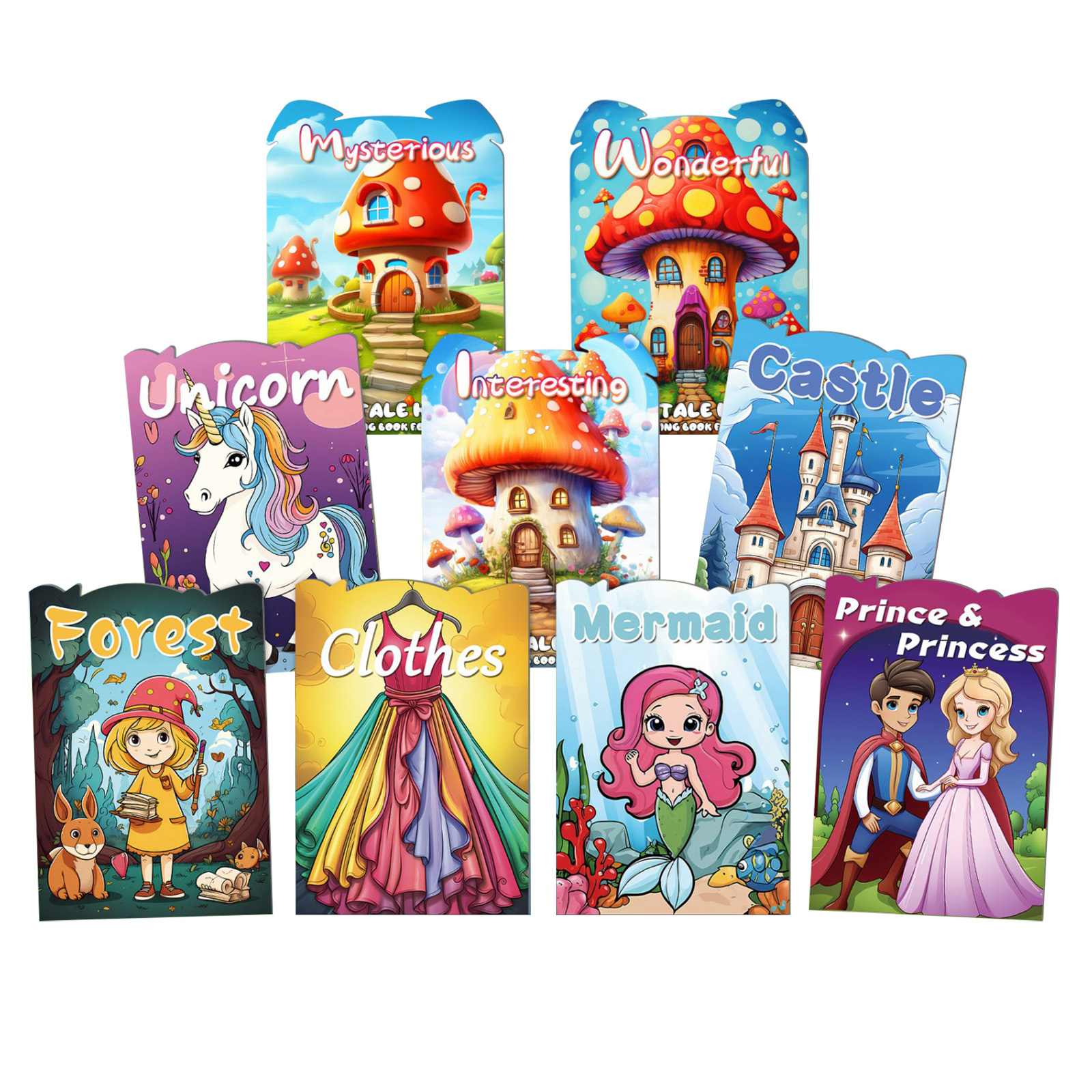Set Of 9 Coloring Books - Fairy-Tale Houses, Unicorns, Princesses, And More
